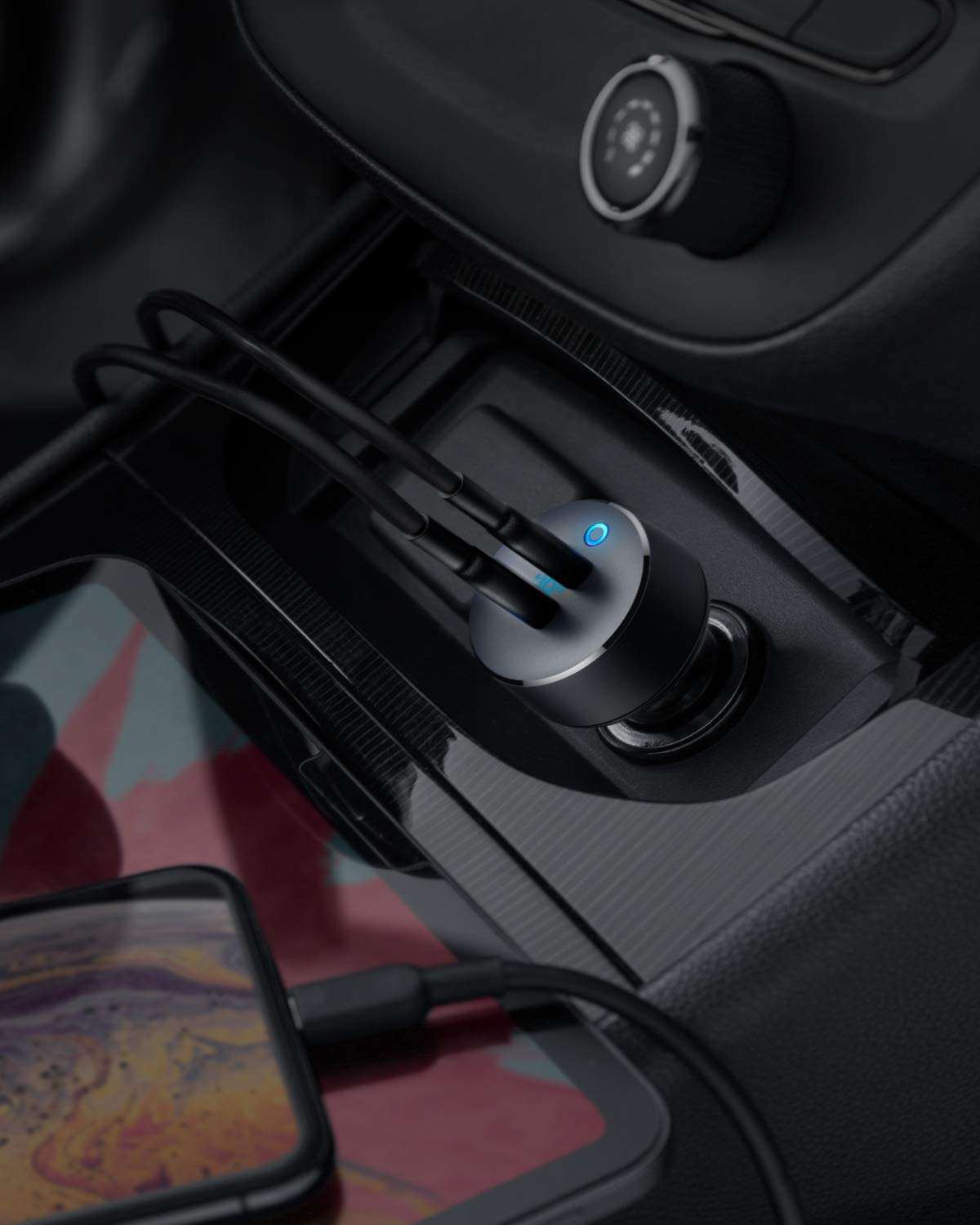 Duo USB-C car charger with dual ports, compact design, and high-speed PowerIQ 3.0 charging compatibility for smartphones and tablets.