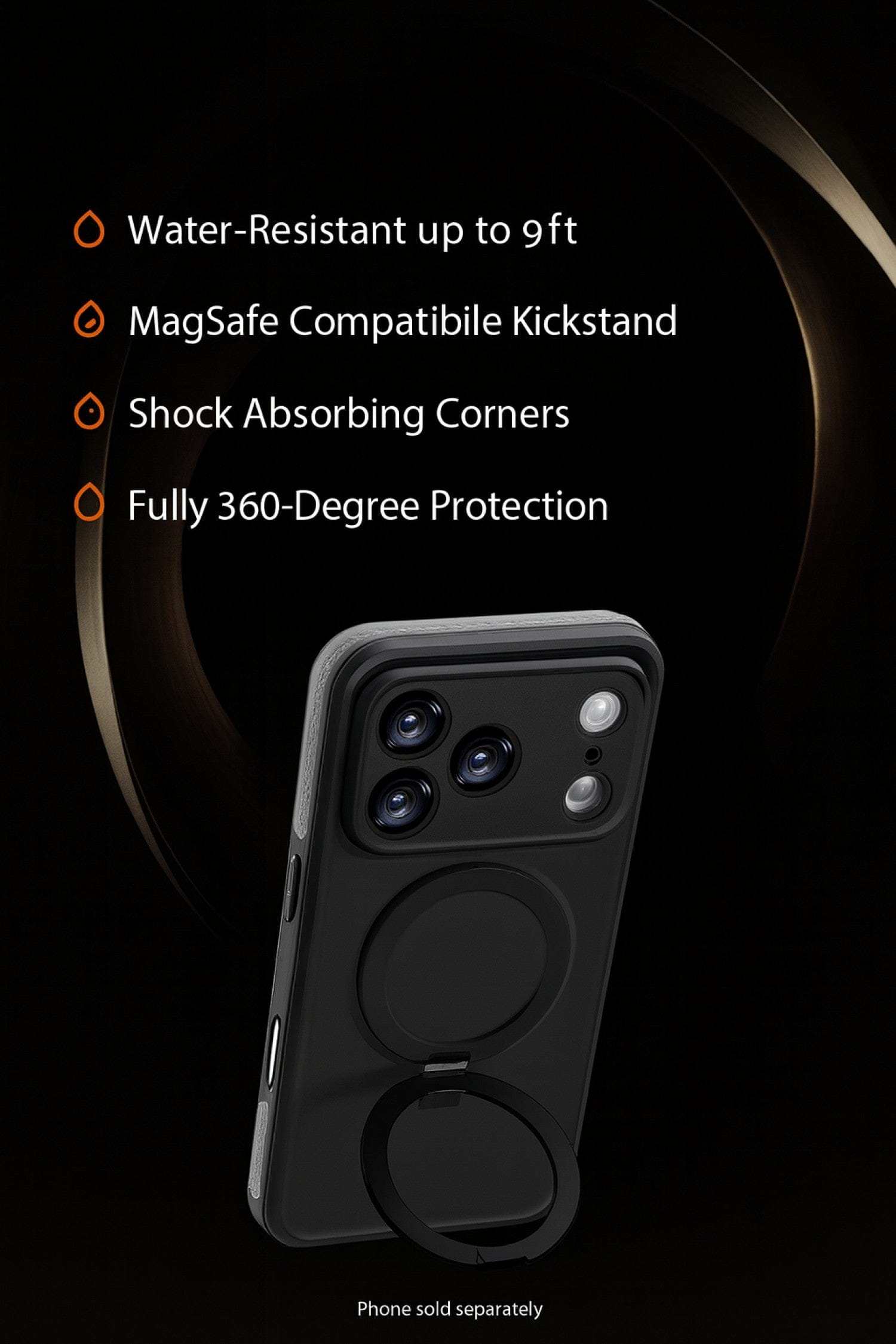 SaharaCase Oasis Series iPhone 17 Pro Max waterproof case with IP68 rating, built-in MagSafe kickstand, screen protector, and clear design