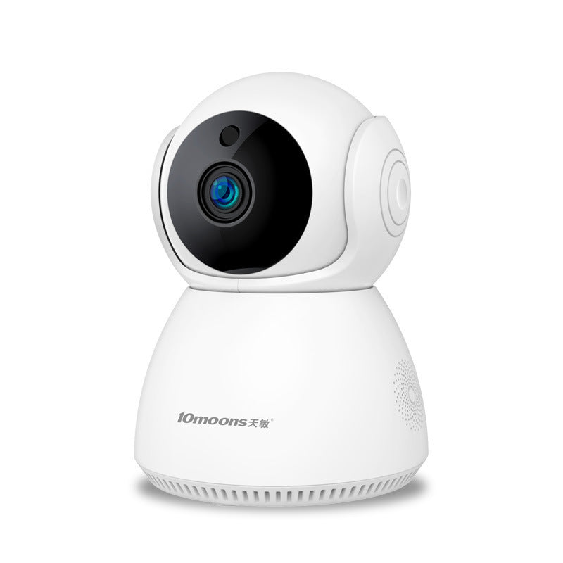 360-degree wireless surveillance camera in white with 1080P resolution and multi-regional power supply compliance