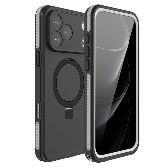 iPhone 17 Pro Max Waterproof Case with built-in kickstand and clear protective design