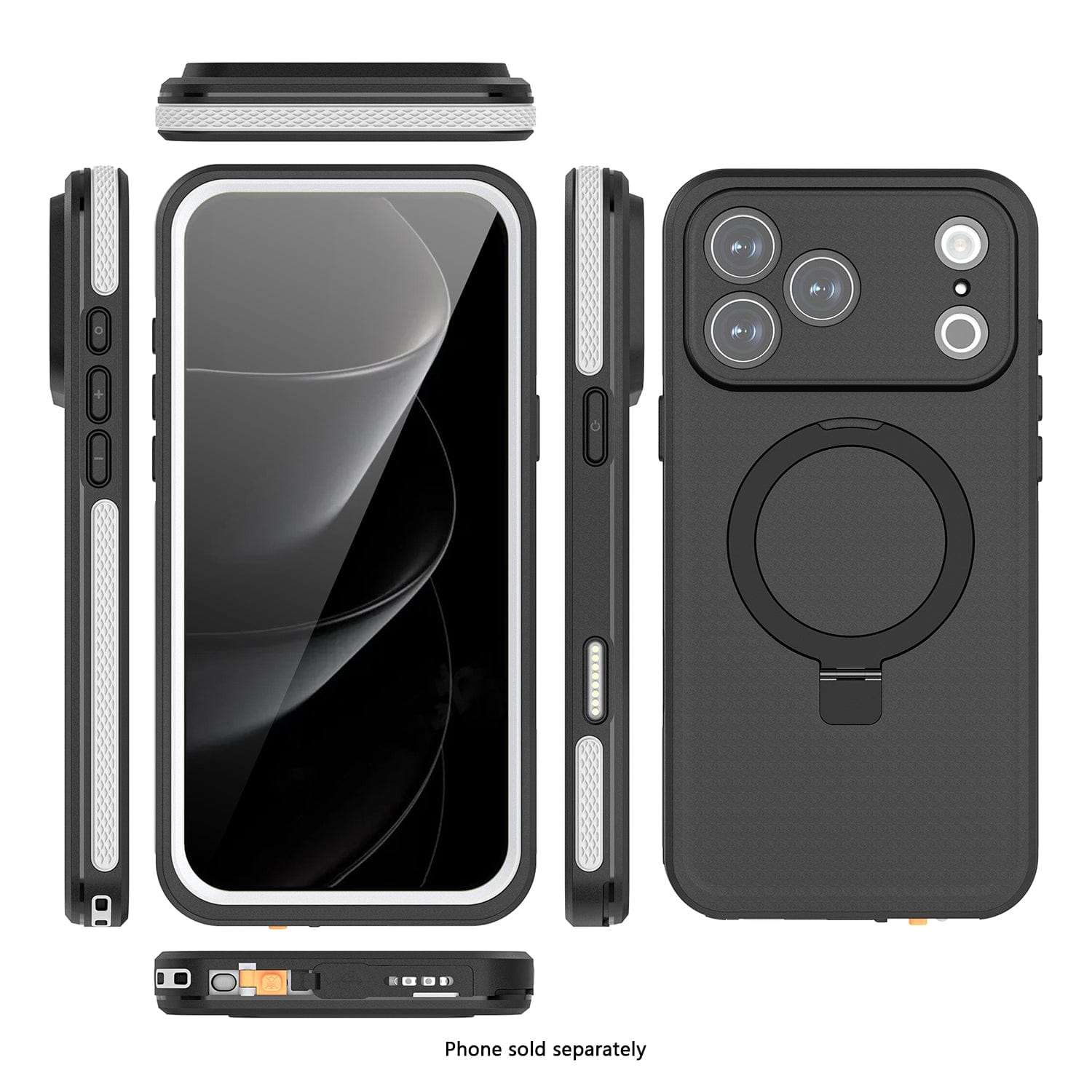 iPhone 17 Pro Max Waterproof Case with IP68 rating, built-in MagSafe kickstand, screen protector, and clear design