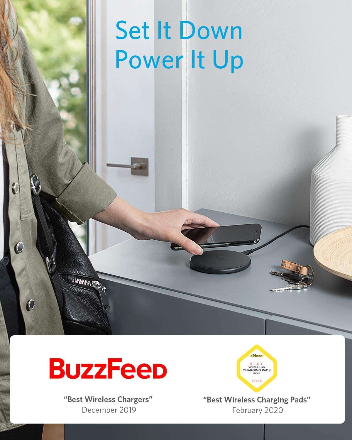 Anker Wireless Charger Pad for fast, cable-free charging compatible with Samsung, iPhone, and earbuds