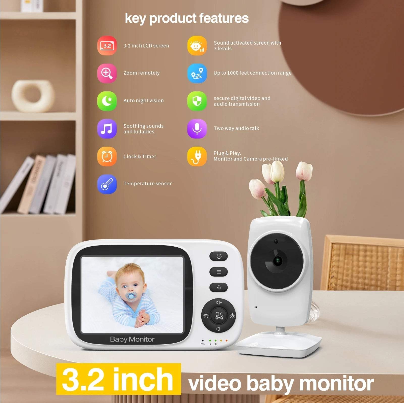 Baby monitor surveillance camera with 3.2-inch IPS screen, two-way audio, night vision, and wireless privacy protection.