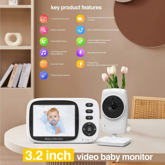 Baby monitor surveillance camera with 3.2-inch IPS screen, two-way audio, night vision, and wireless privacy protection.
