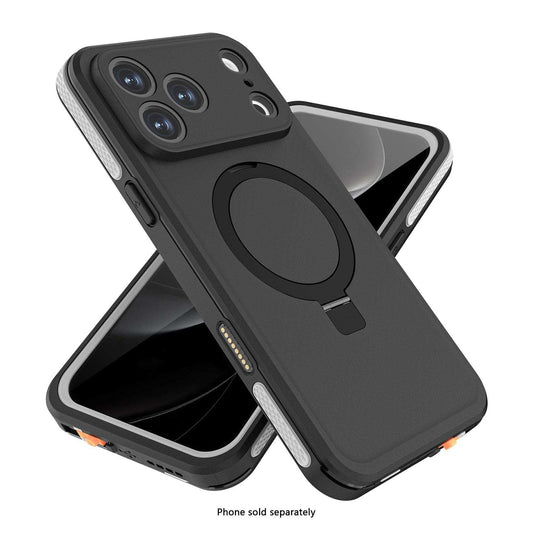 iPhone 17 Pro Max Waterproof Case with IP68 rating, built-in MagSafe kickstand, clear design, and full device protection