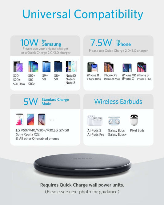 Anker PowerWave wireless charger pad charging smartphone and earbuds wirelessly