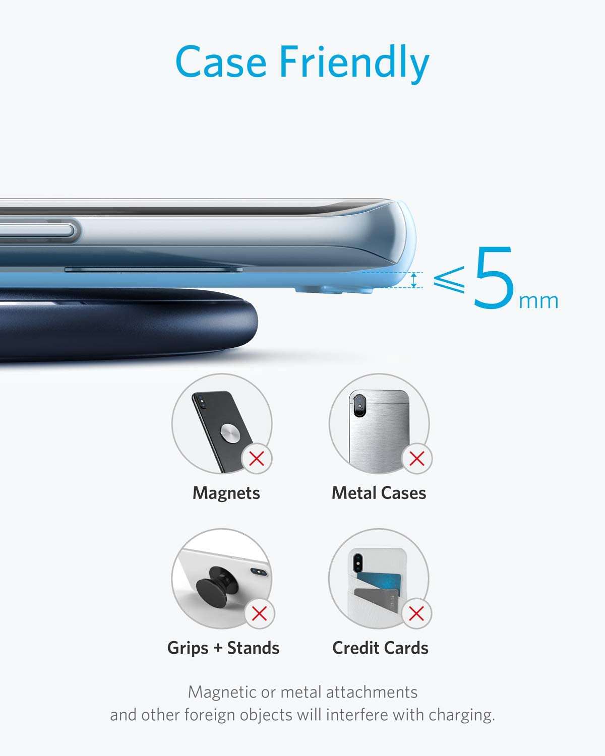 Anker Wireless Charger Pad with 10W output and through-case charging for smartphones and earbuds