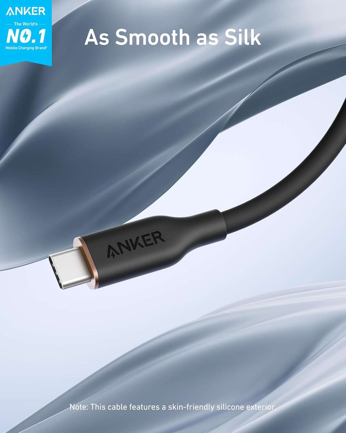 Anker USB-C to USB-C cable with soft silicone finish, durable 25,000-bend lifespan, tangle-free design, and 100W fast charging support.