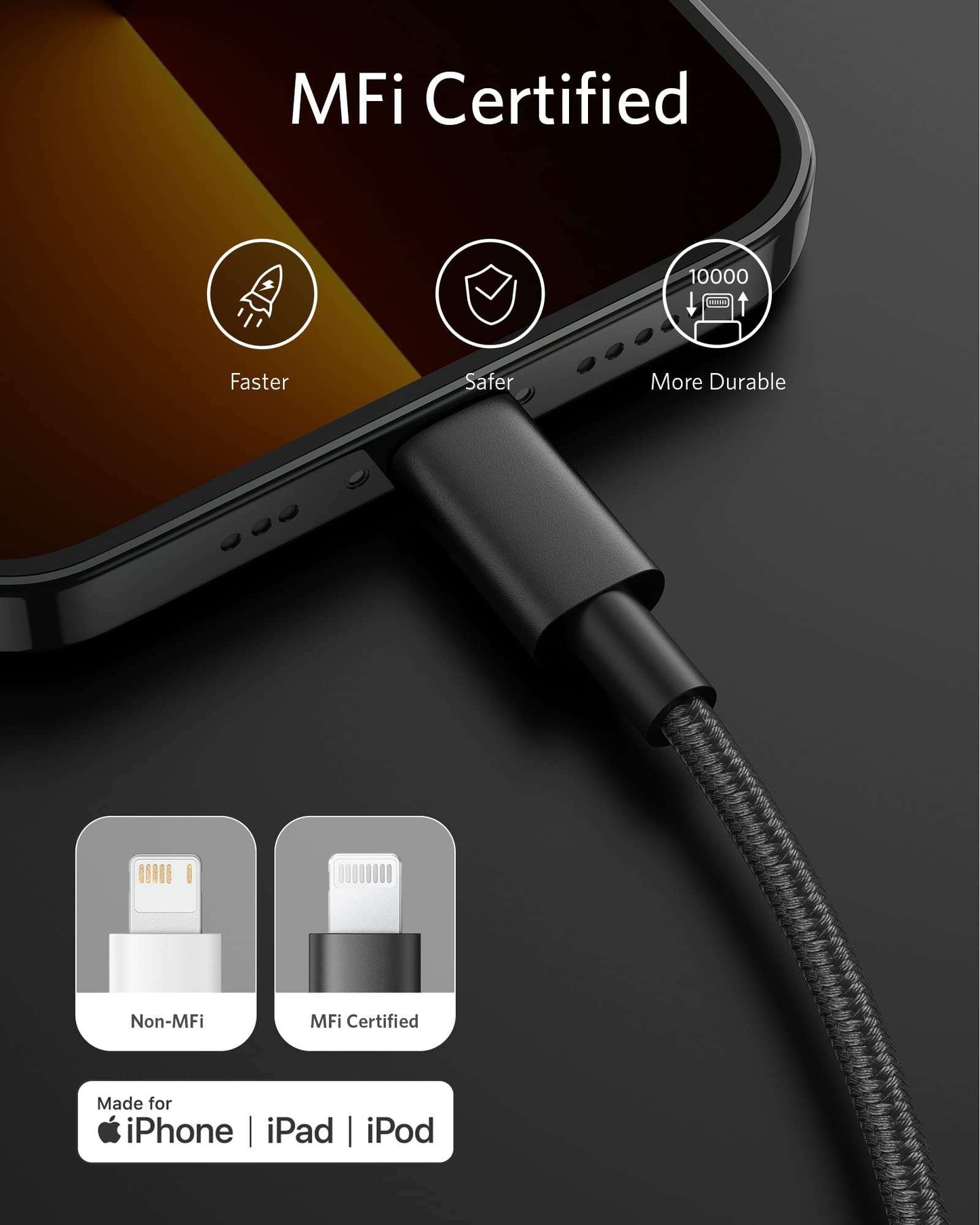 Anker USB-C to Lightning Cable with nylon exterior and MFi certification for fast charging compatible with iPhone models