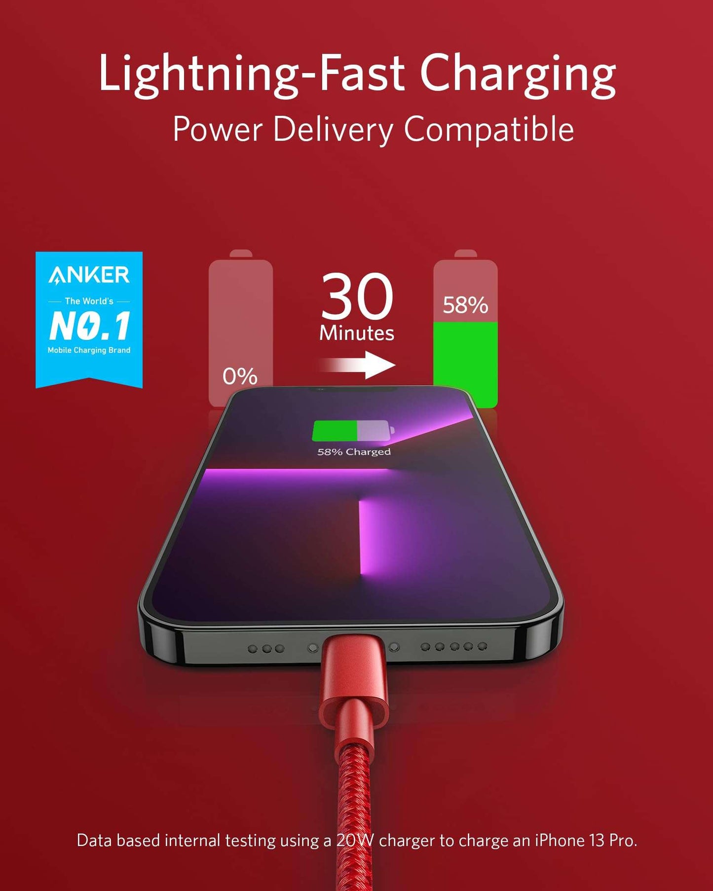 Anker USB-C to Lightning Cable with nylon exterior and MFi certification for fast iPhone charging