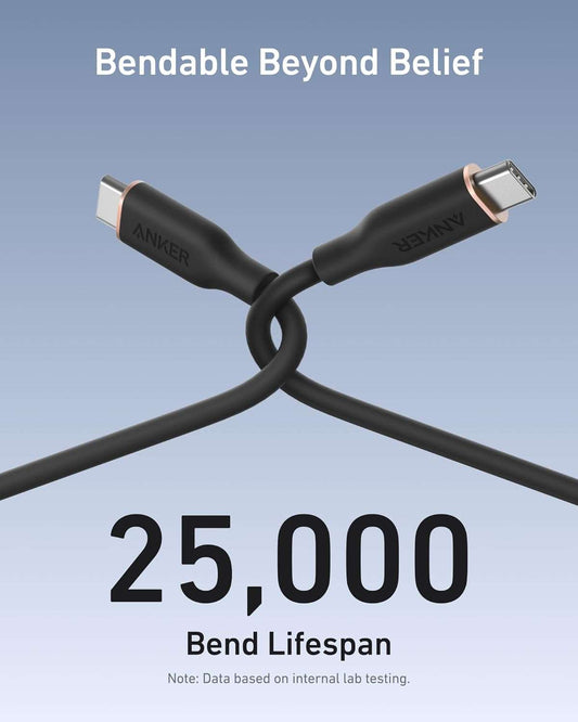 Soft silicone USB-C to USB-C cable with 25,000-bend durability and 100W fast charging capability
