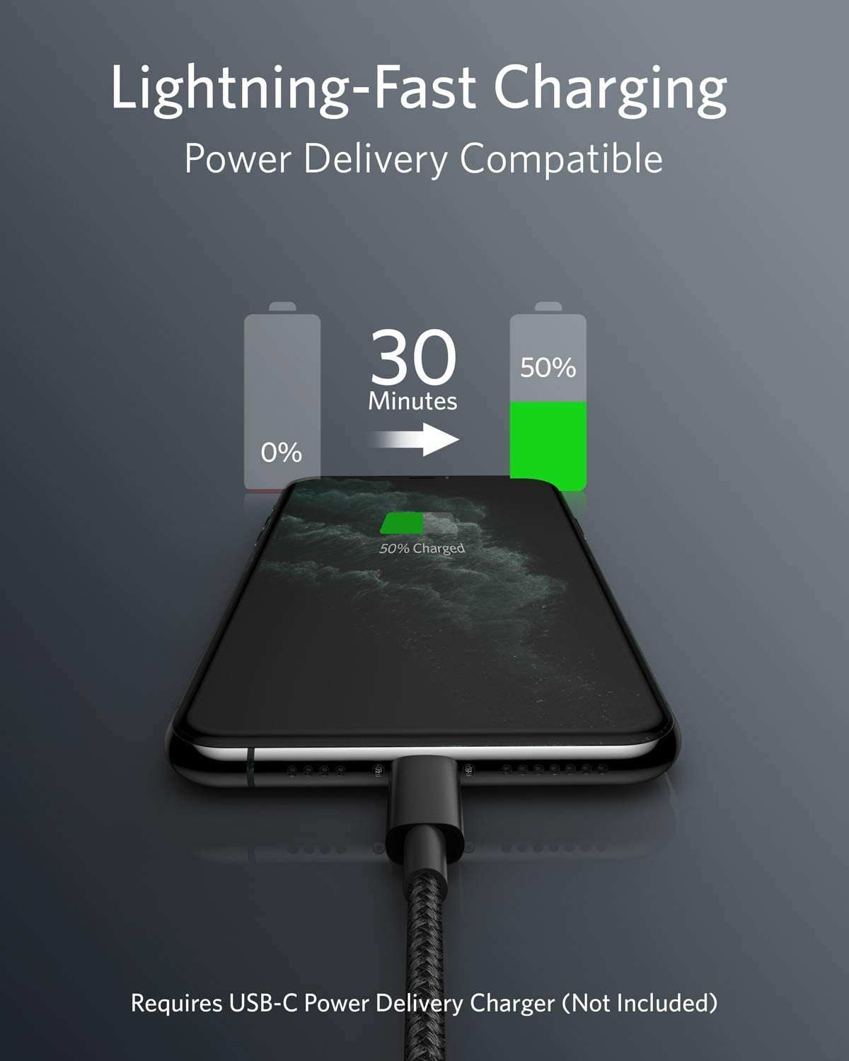 Anker USB-C to Lightning Cable with nylon exterior and MFi certification for fast charging iPhone devices