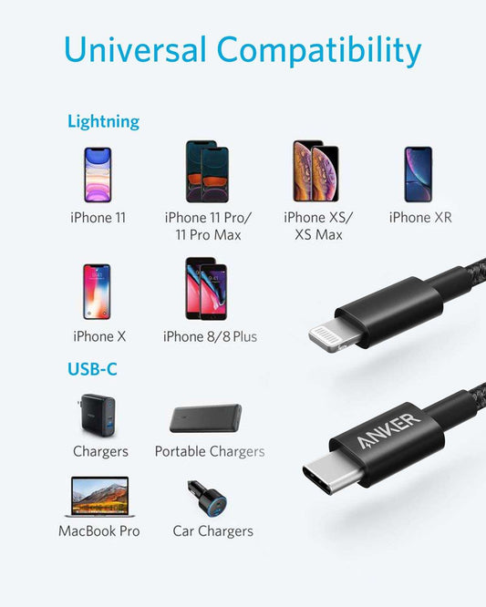 Anker USB-C to Lightning Cable with nylon exterior and MFi certification for fast charging iPhones
