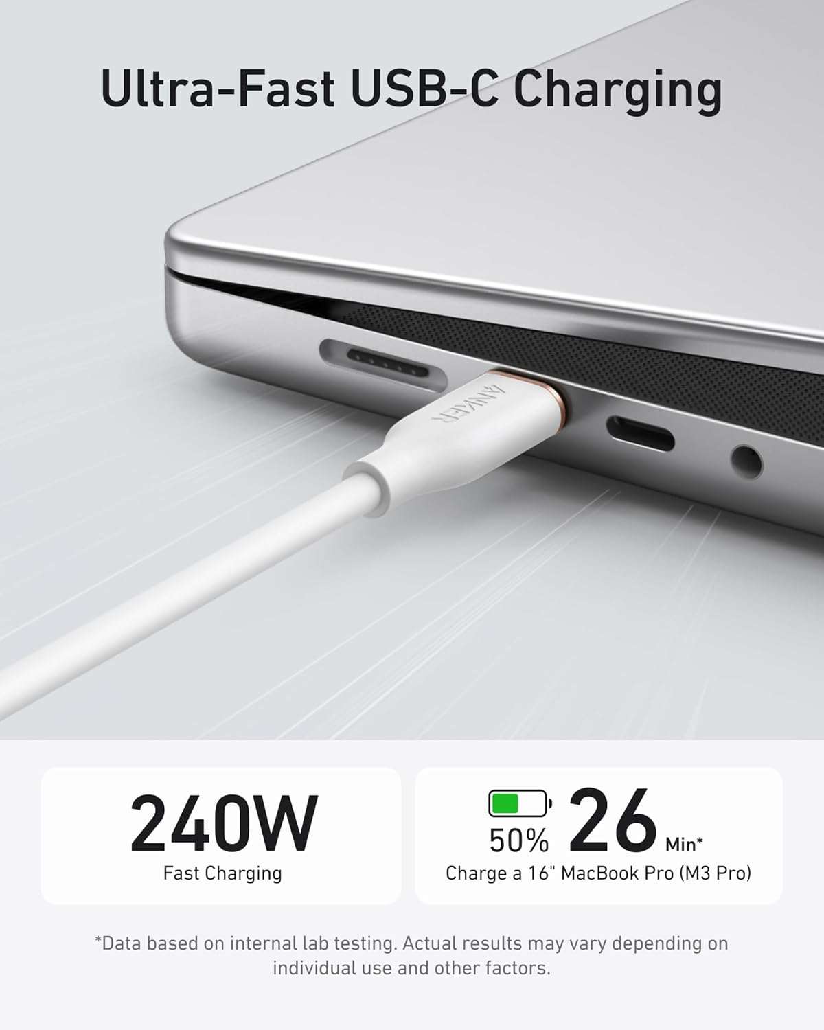 Anker USB-C to USB-C Cable with soft silicone finish, 25,000-bend lifespan, tangle-free design, and 100W fast charging support