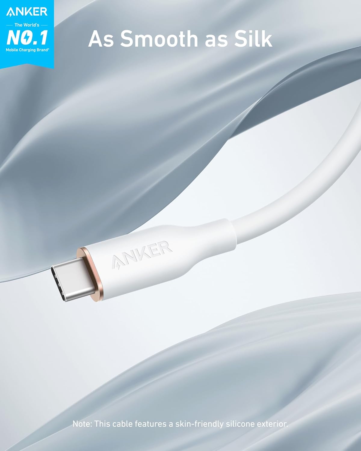 Anker USB-C to USB-C cable with soft silicone finish, durable 25,000-bend lifespan, tangle-free design, and 100W fast charging support.