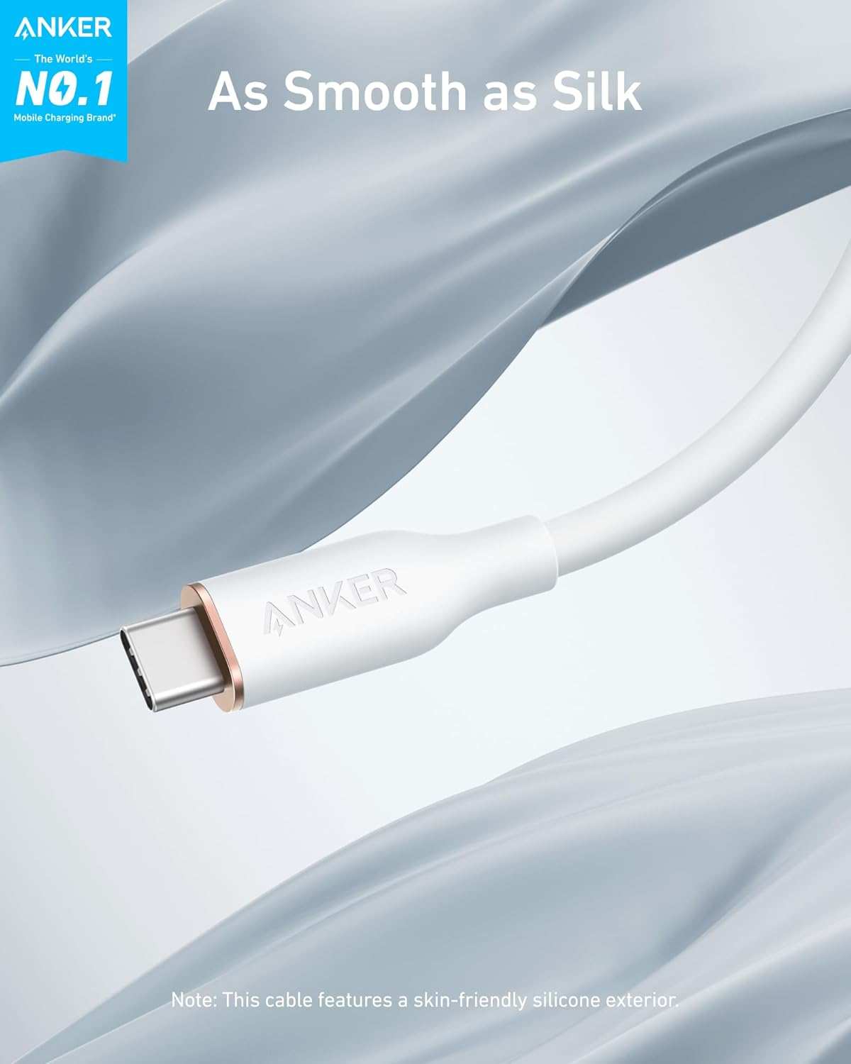 Anker USB-C to USB-C cable with soft silicone finish, durable 25,000-bend lifespan, fast 100W charging, and tangle-free design.