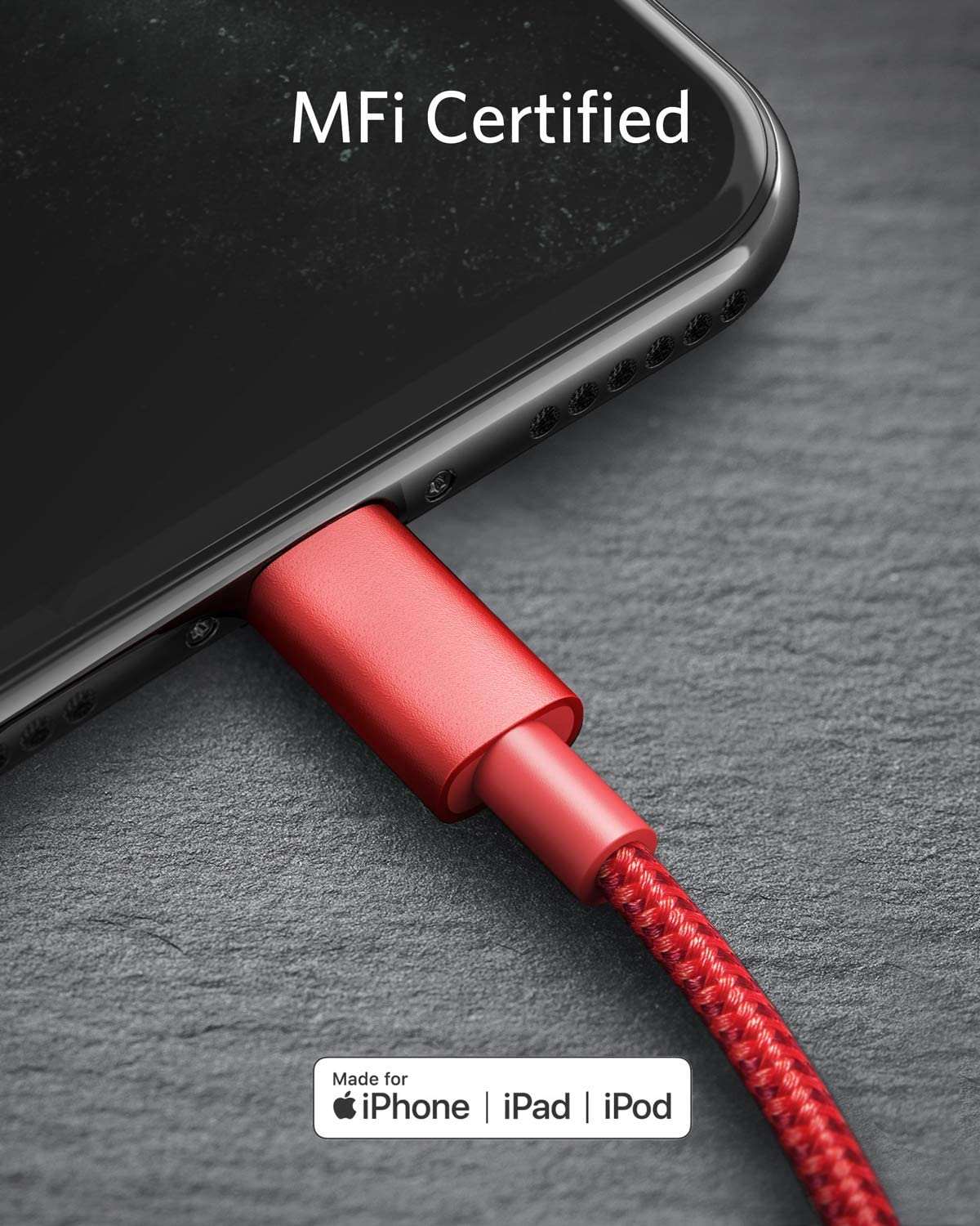 Anker USB-C to Lightning Cable with nylon exterior, fast charging, and MFi certification