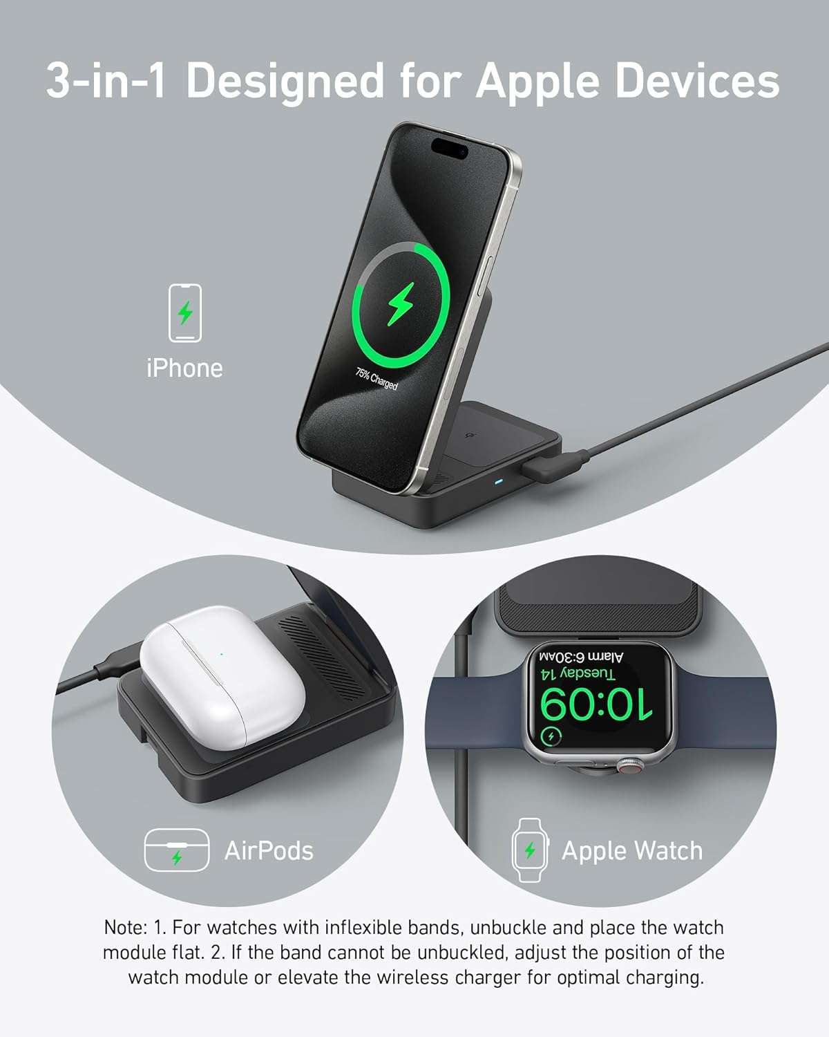 Foldable 3-in-1 wireless charging station with 15W fast charging for iPhone, AirPods, and Apple Watch