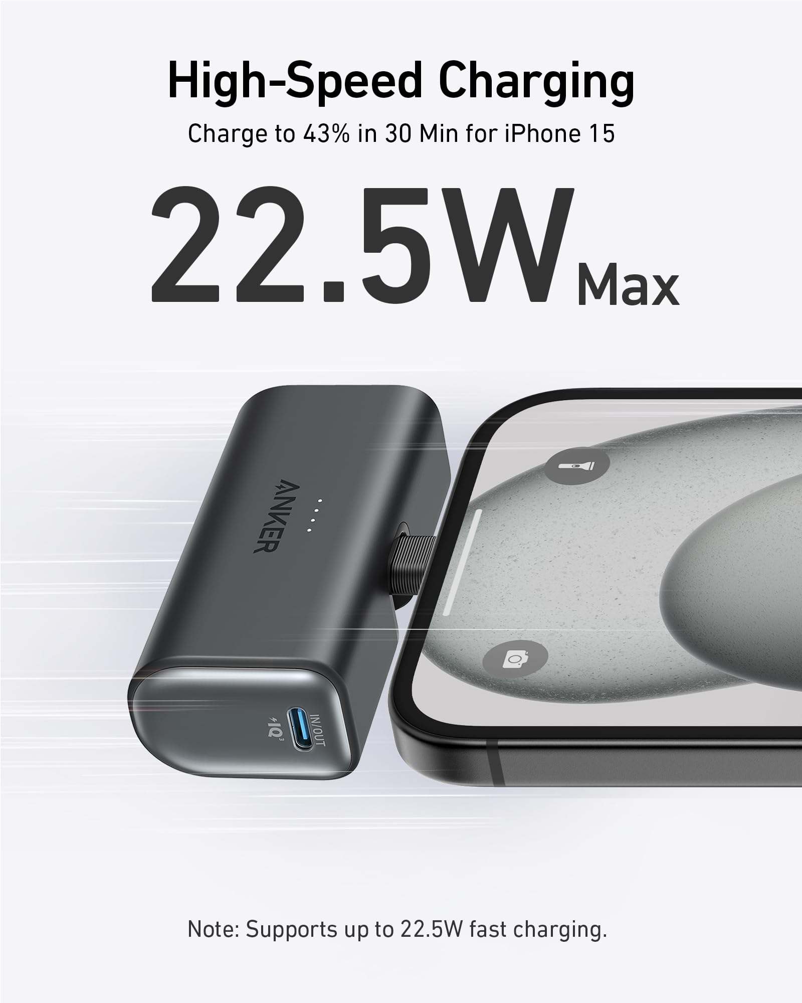 Anker Nano power bank with foldable USB-C connector and two-port high-speed charging, 22.5W output