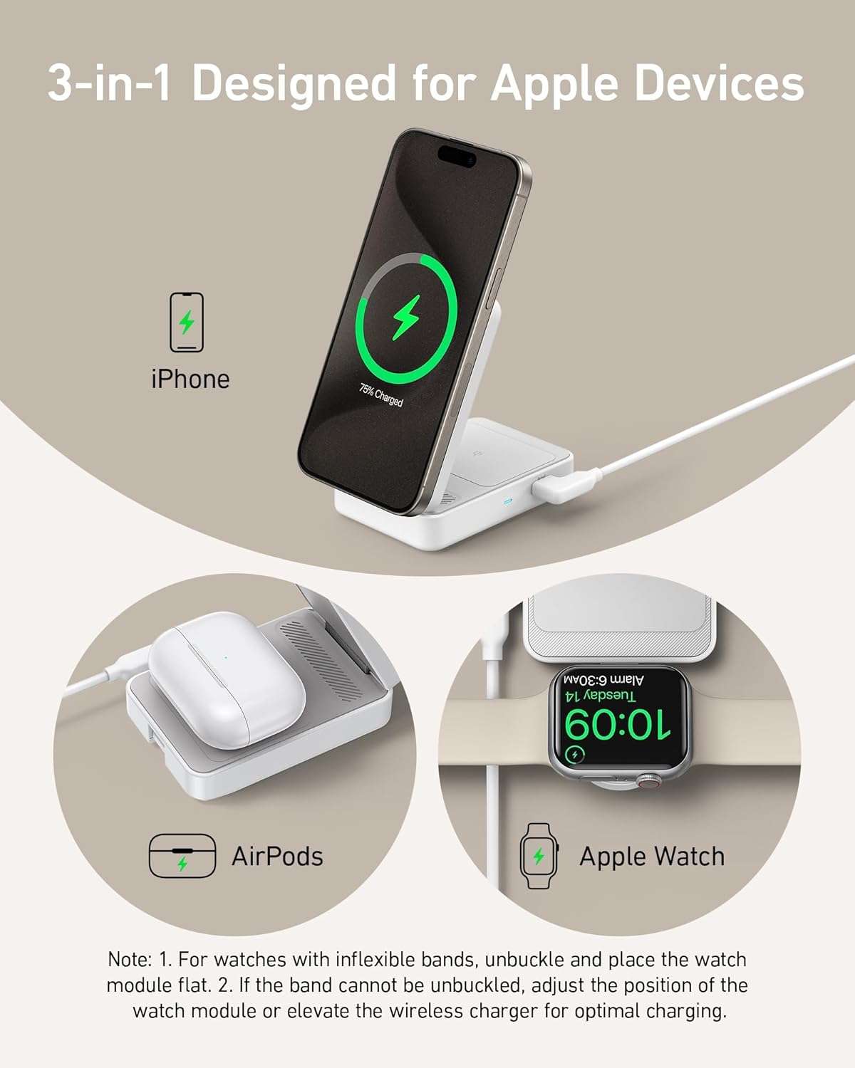 Foldable 3-in-1 wireless charging station with 15W fast charging for iPhone, AirPods, and Apple Watch