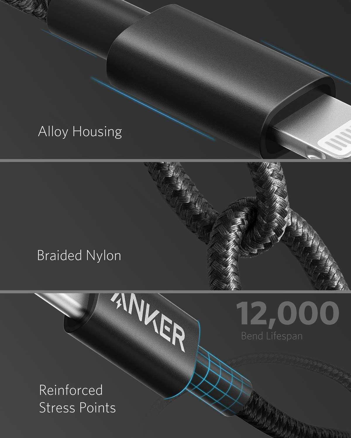 Anker USB-C to Lightning Cable with nylon exterior and MFi certification for fast charging iPhone devices