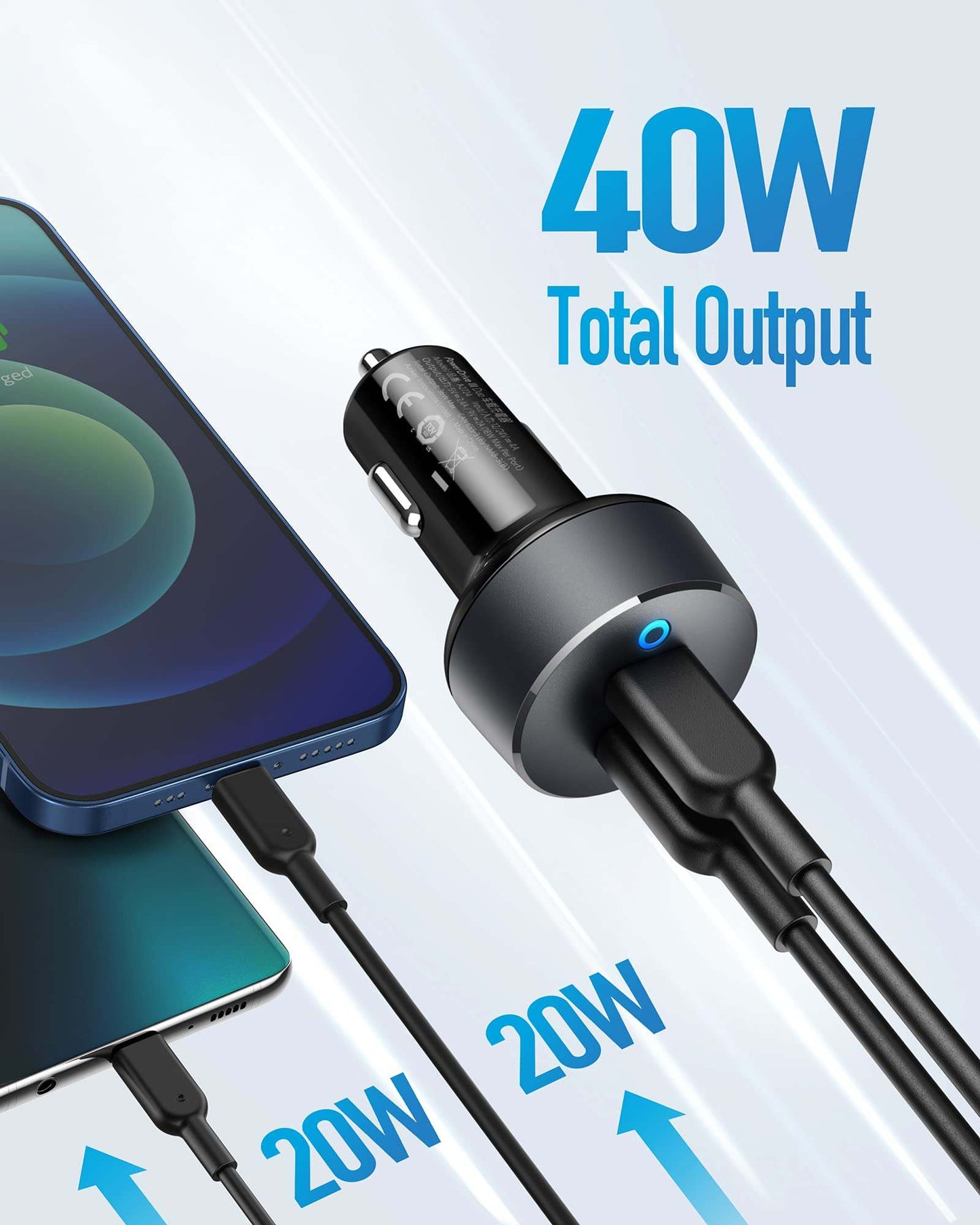 Anker Duo USB-C Car Charger with PowerIQ 3.0, universal high-speed charging for phones and tablets, compact design, and MultiProtect safety technology