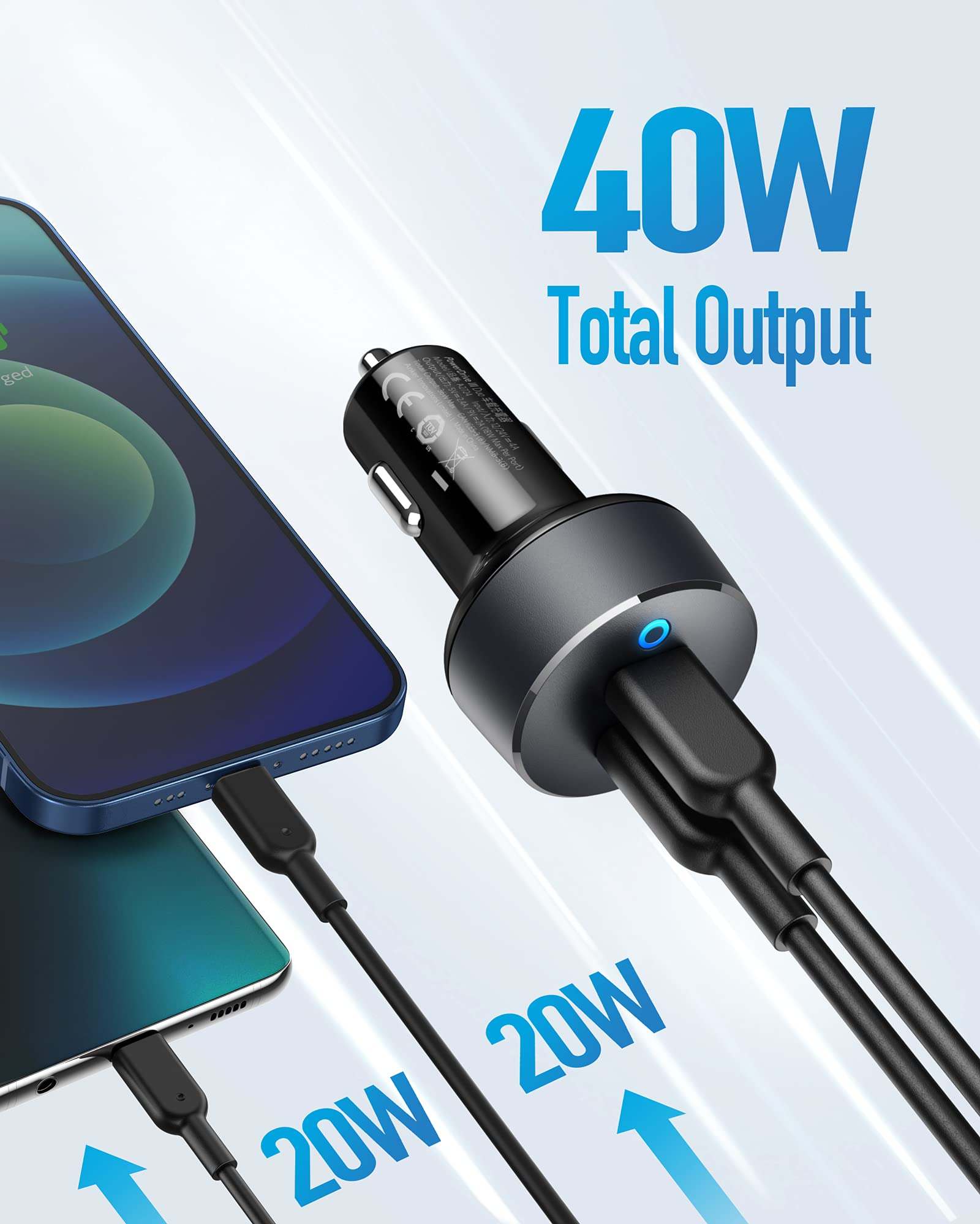 Anker Duo USB-C Car Charger with PowerIQ 3.0, universal high-speed charging for phones and tablets, compact design, and MultiProtect safety technology