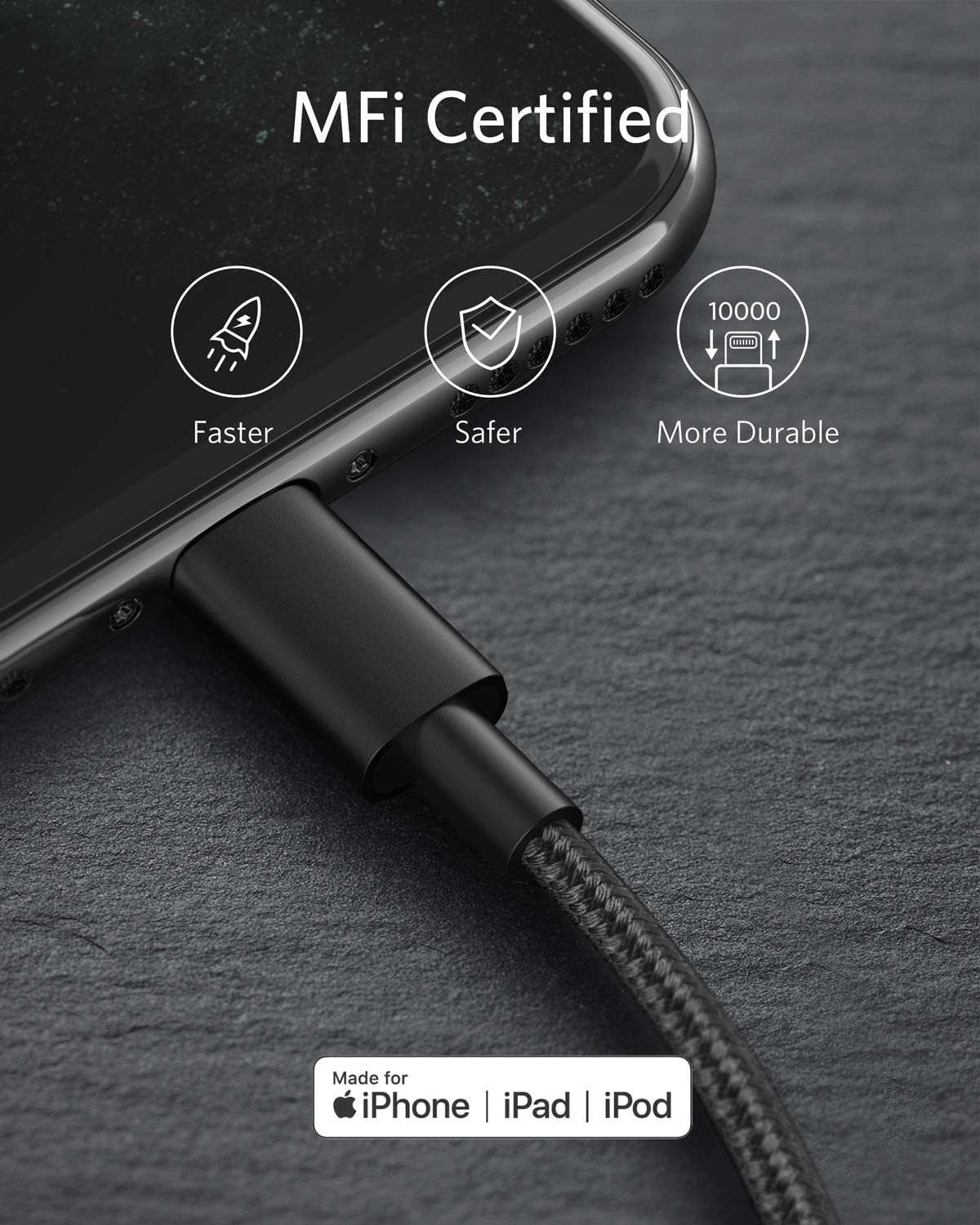 Anker USB-C to Lightning Cable with nylon exterior and MFi certification for fast charging iPhone devices