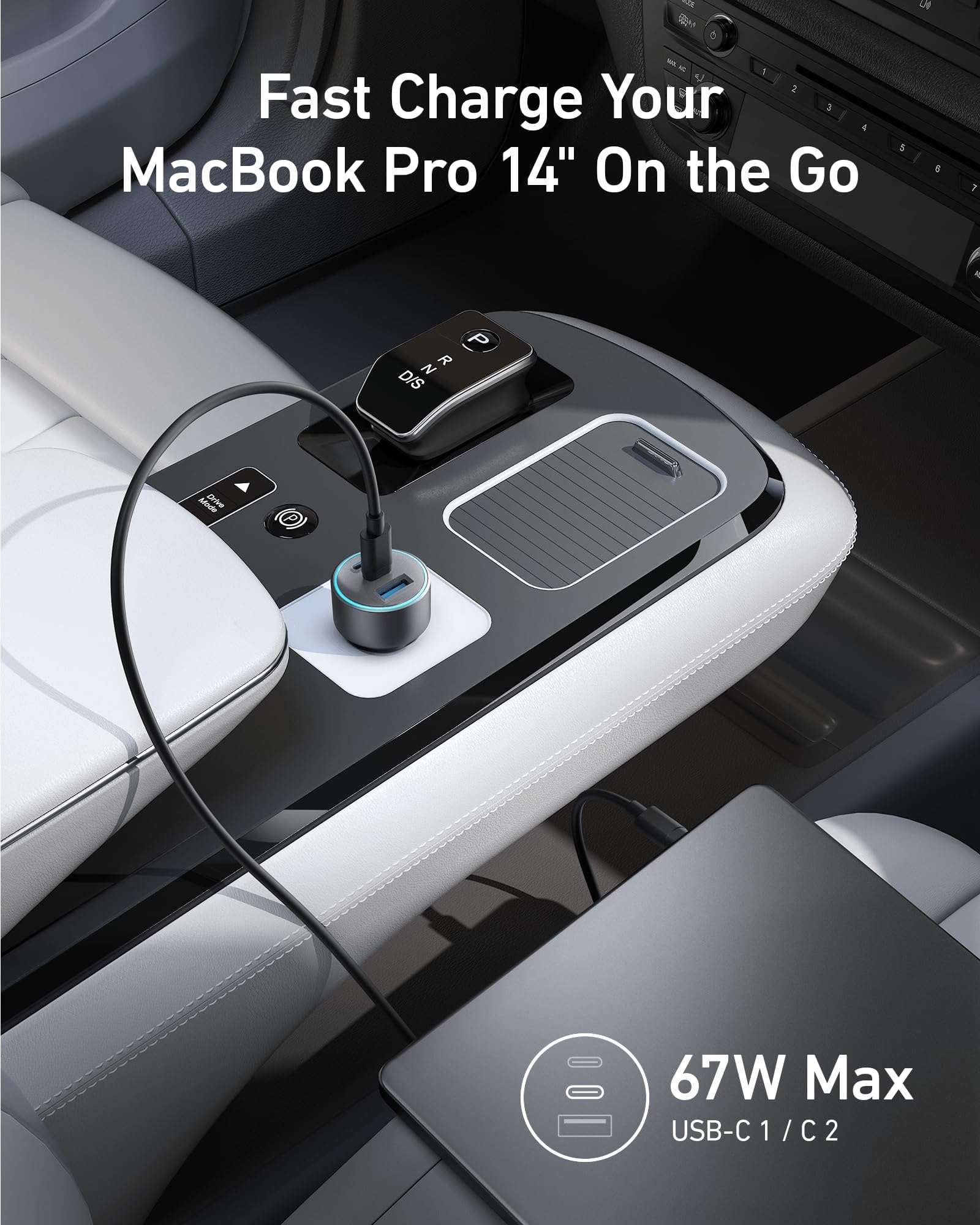 Compact Anker Car Charger 67W with dual USB-C and USB-A ports for simultaneous device charging