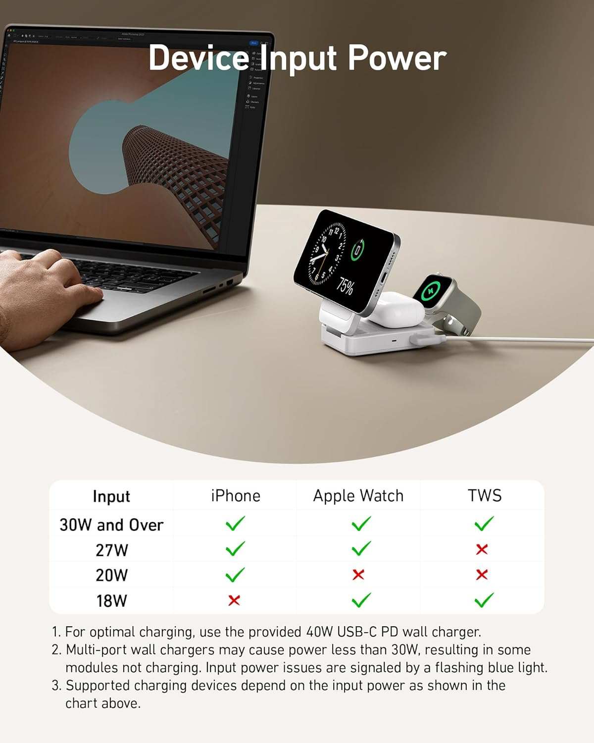 Foldable 3-in-1 wireless charging station with 15W fast charging for iPhone, AirPods, and Apple Watch