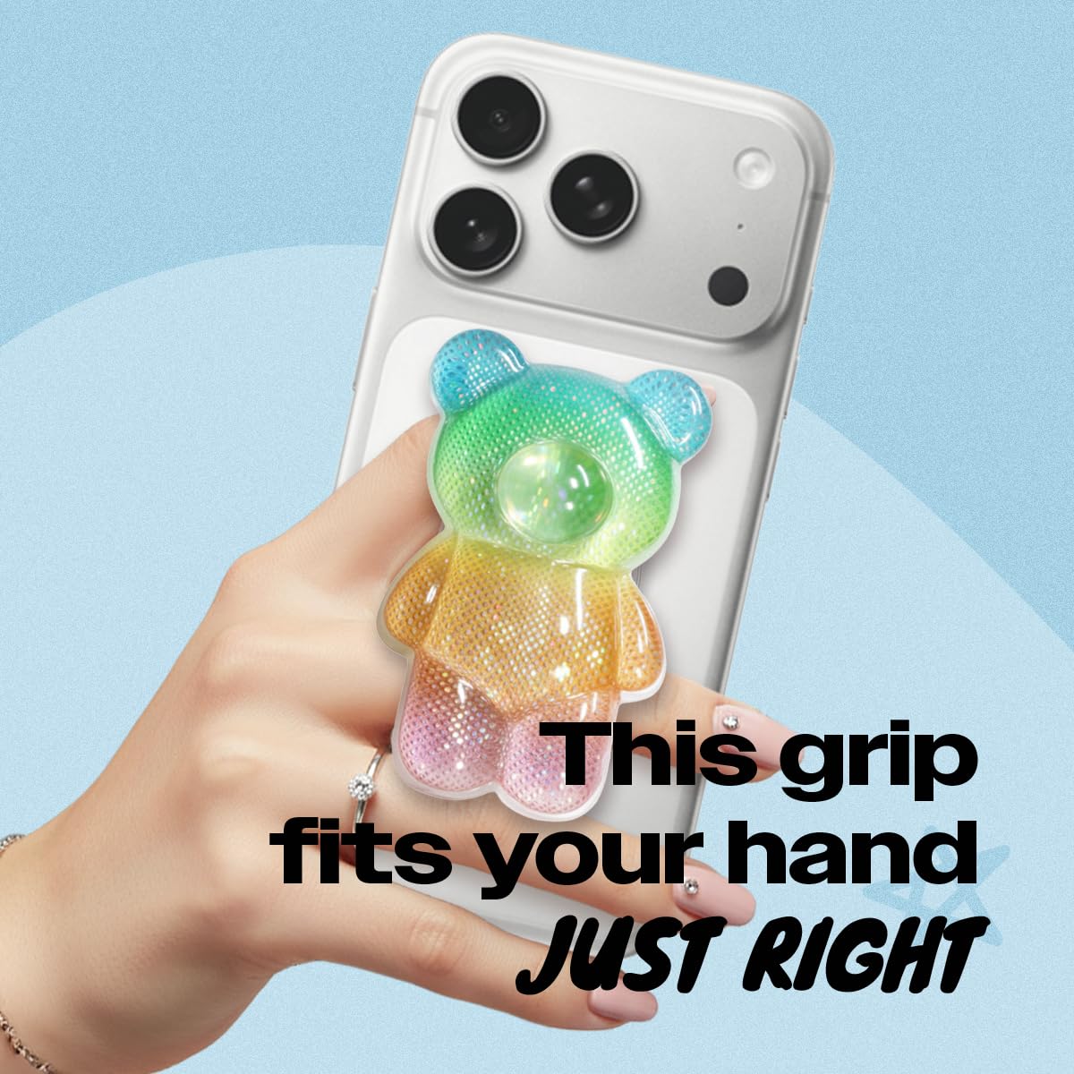 On The Grip Magnetic 3D Gummy Bear Style Expandable Collapsible Mobile Phone Grip Stand Holder for Smartphone Tablet Cell Phone Accessory (Matte Holographic)