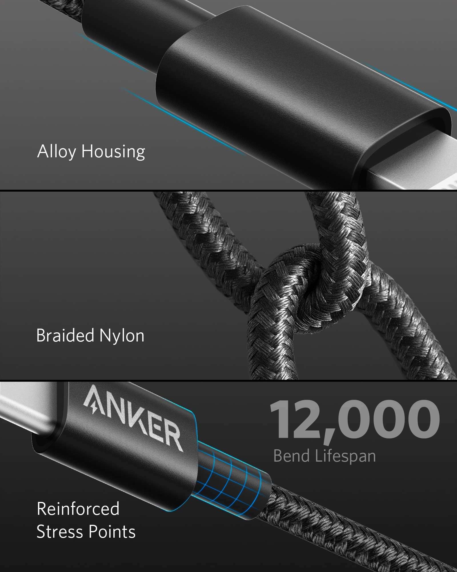 Anker USB-C to Lightning Cable with nylon exterior and MFi certification for fast charging and durability