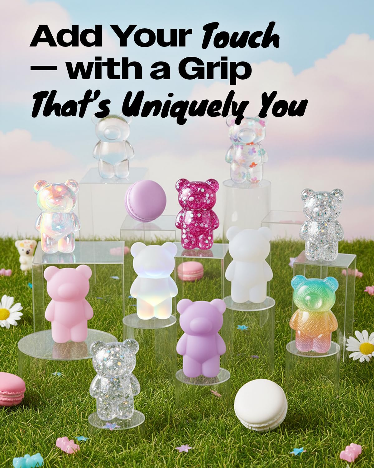 On The Grip Magnetic 3D Gummy Bear Style Expandable Collapsible Mobile Phone Grip Stand Holder for Smartphone Tablet Cell Phone Accessory (Matte Holographic)