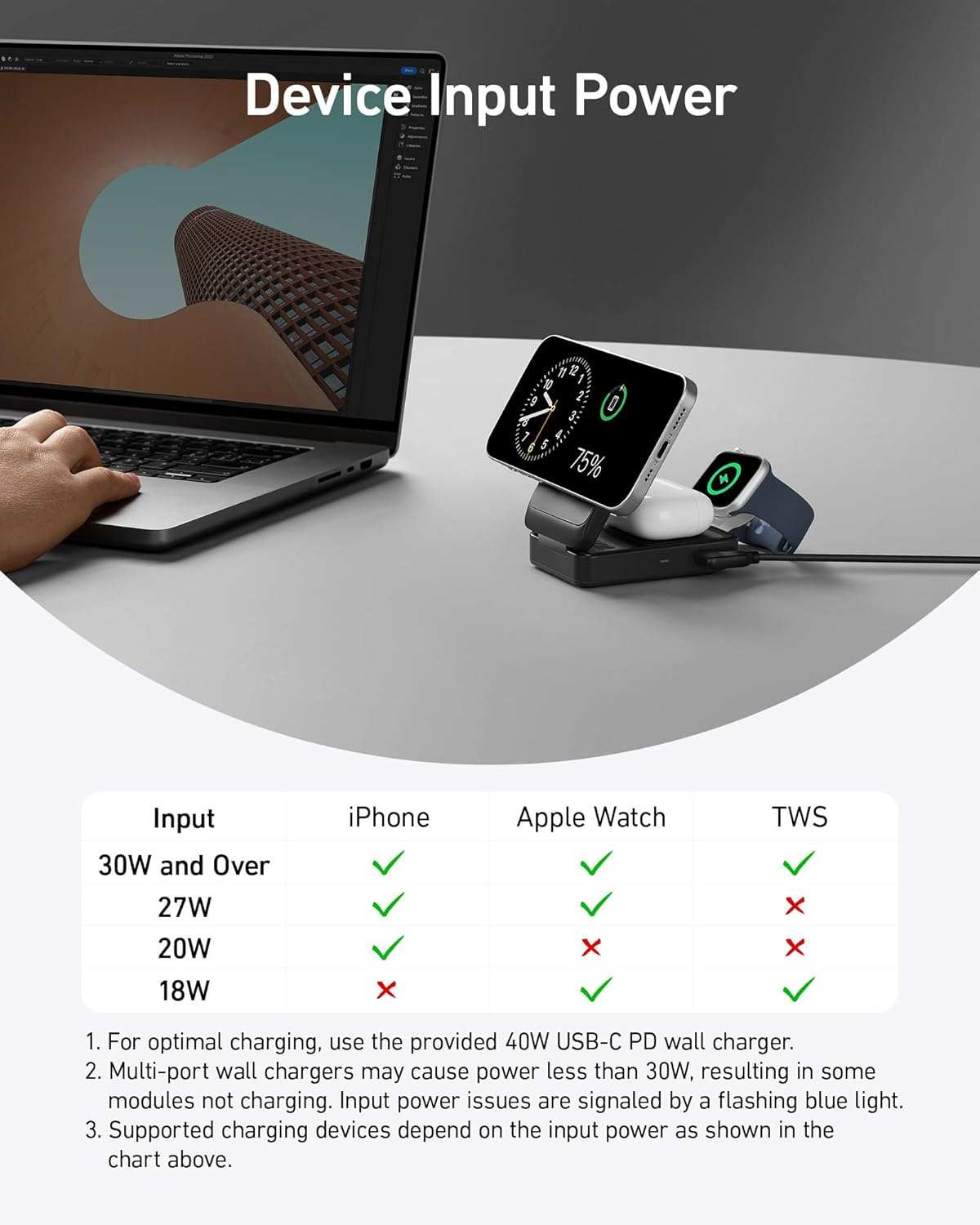 Foldable 3-in-1 wireless charging station with 15W fast charging for iPhone, AirPods, and Apple Watch