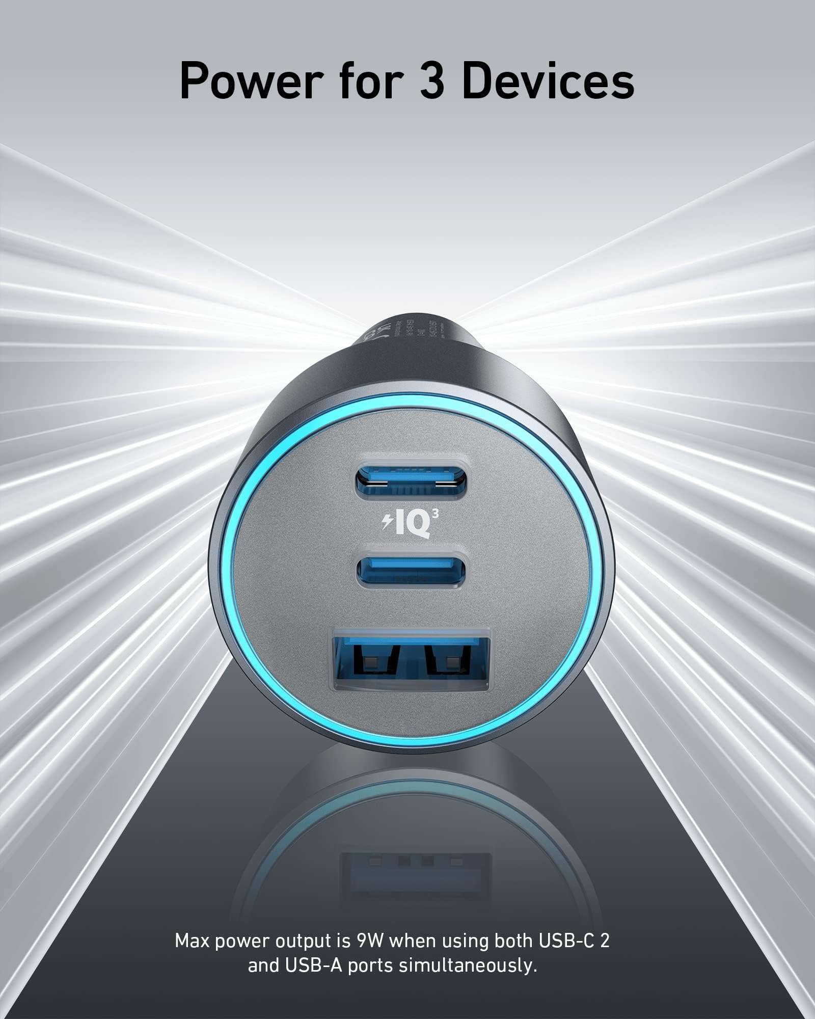Anker 67W car charger with two USB-C and one USB-A ports for simultaneous high-speed charging