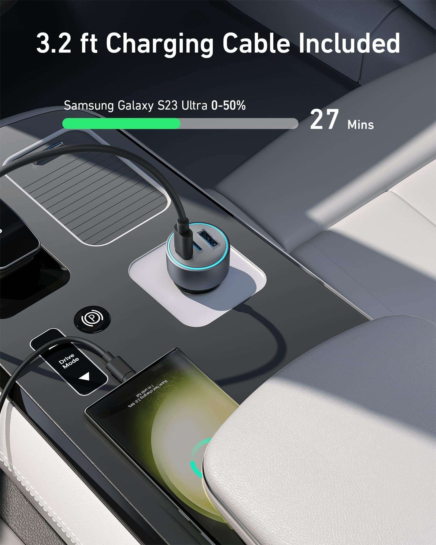 67W Anker car charger with dual USB-C and USB-A ports for simultaneous fast charging in a compact design