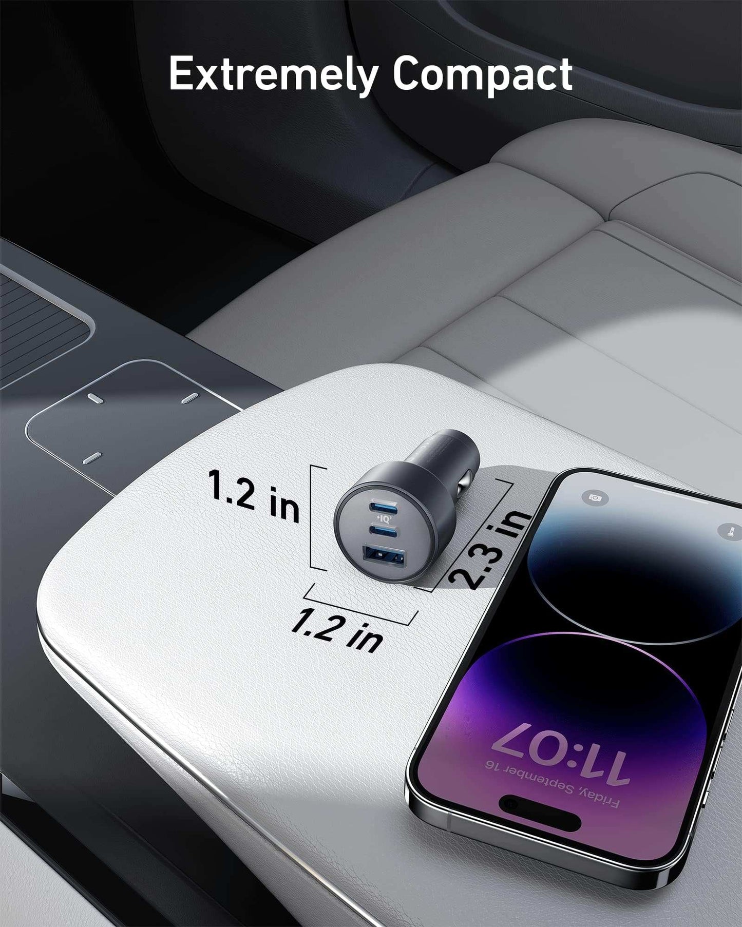 Compact 67W Car Charger with dual USB-C and USB-A ports for simultaneous high-speed charging and advanced safety features
