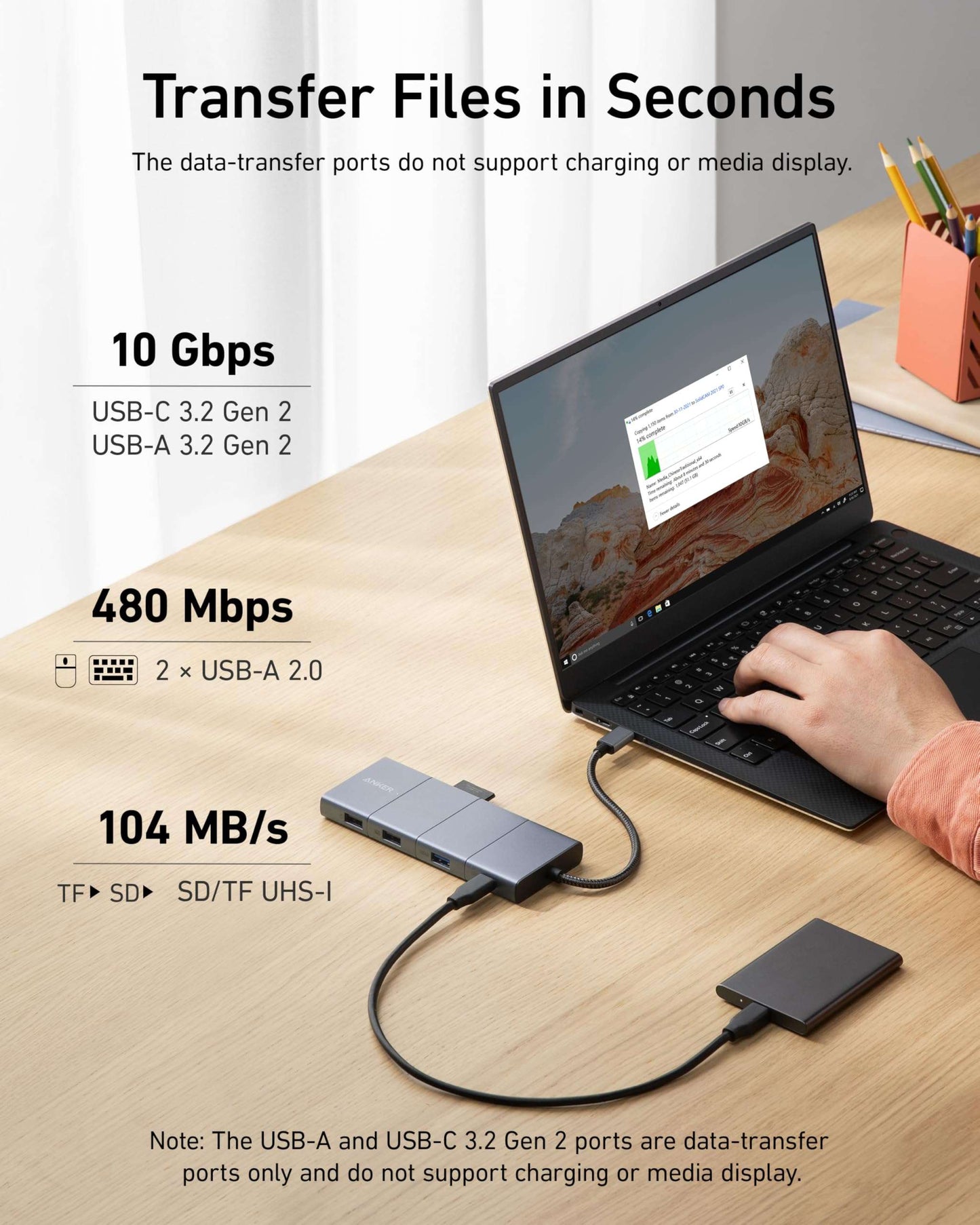Anker 11-in-1 USB-C Hub with multiple data ports, 4K HDMI and DisplayPort, Ethernet, SD card slots, and 85W pass-through charging