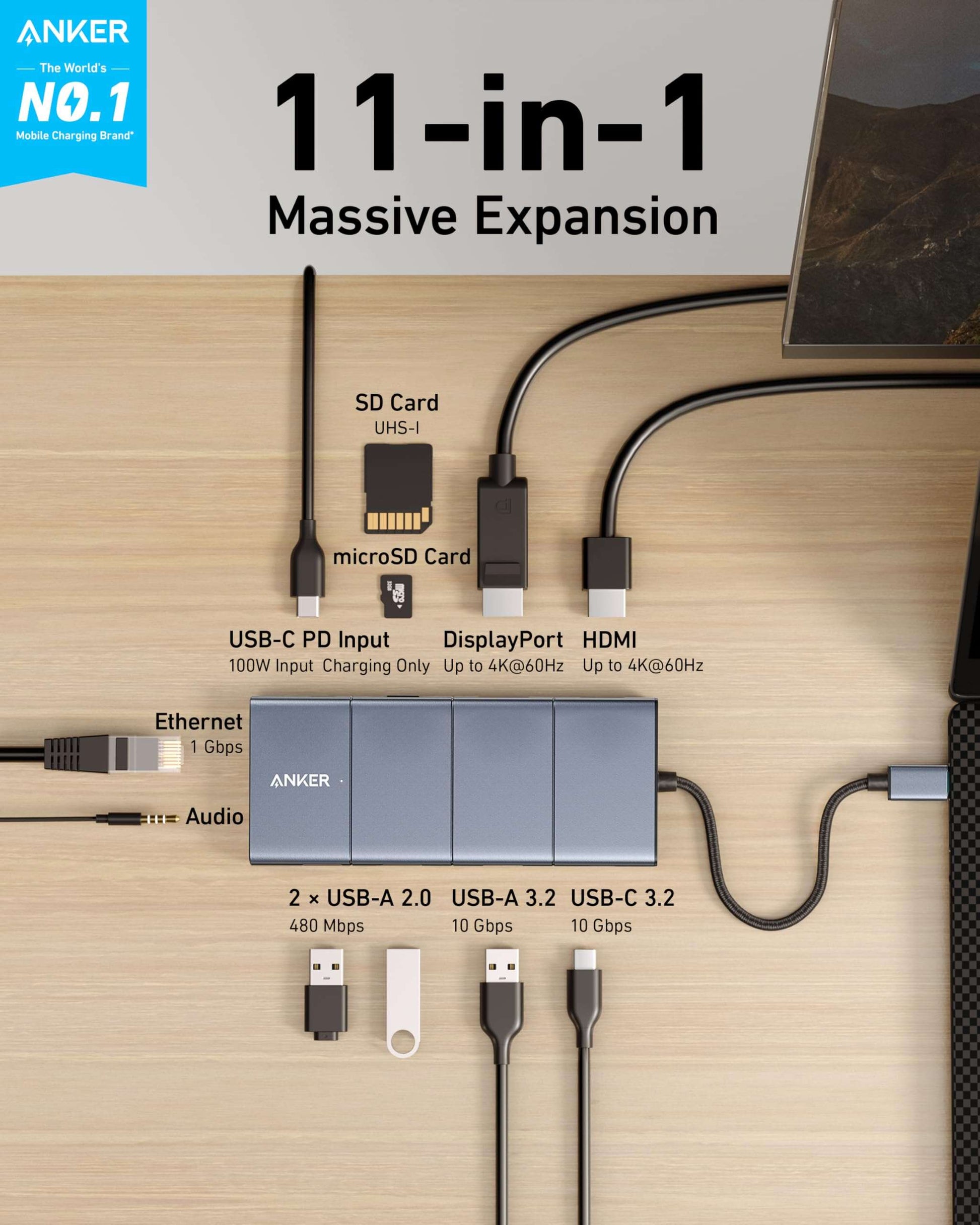Anker 11-in-1 USB-C Hub with multiple ports including USB-C, USB-A, HDMI, DisplayPort, Ethernet, AUX, and SD card slots for fast data transfer and multi-monitor display