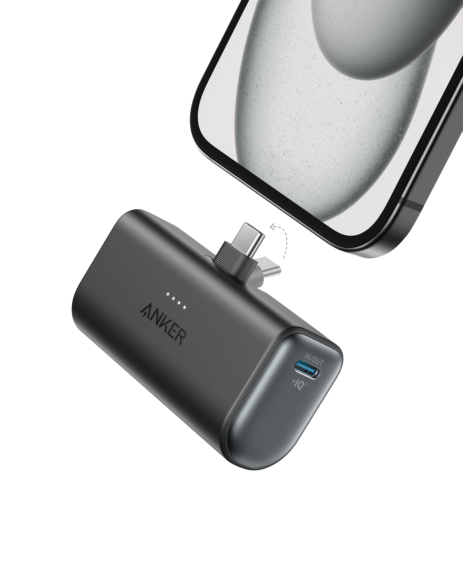 Anker power bank with two-port high-speed charging and foldable built-in USB-C connector, 22.5W output, compact size, and 5000mAh capacity.