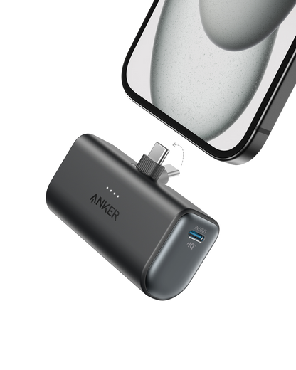 Anker power bank with two-port high-speed charging and foldable built-in USB-C connector, 22.5W output, compact size, and 5000mAh capacity.