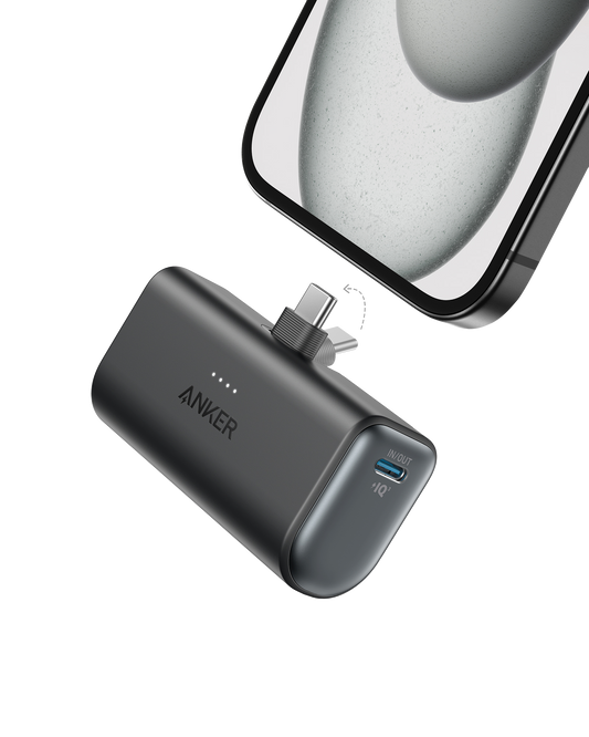 Anker power bank with two-port high-speed charging and foldable built-in USB-C connector, 22.5W output, compact size, and 5000mAh capacity.