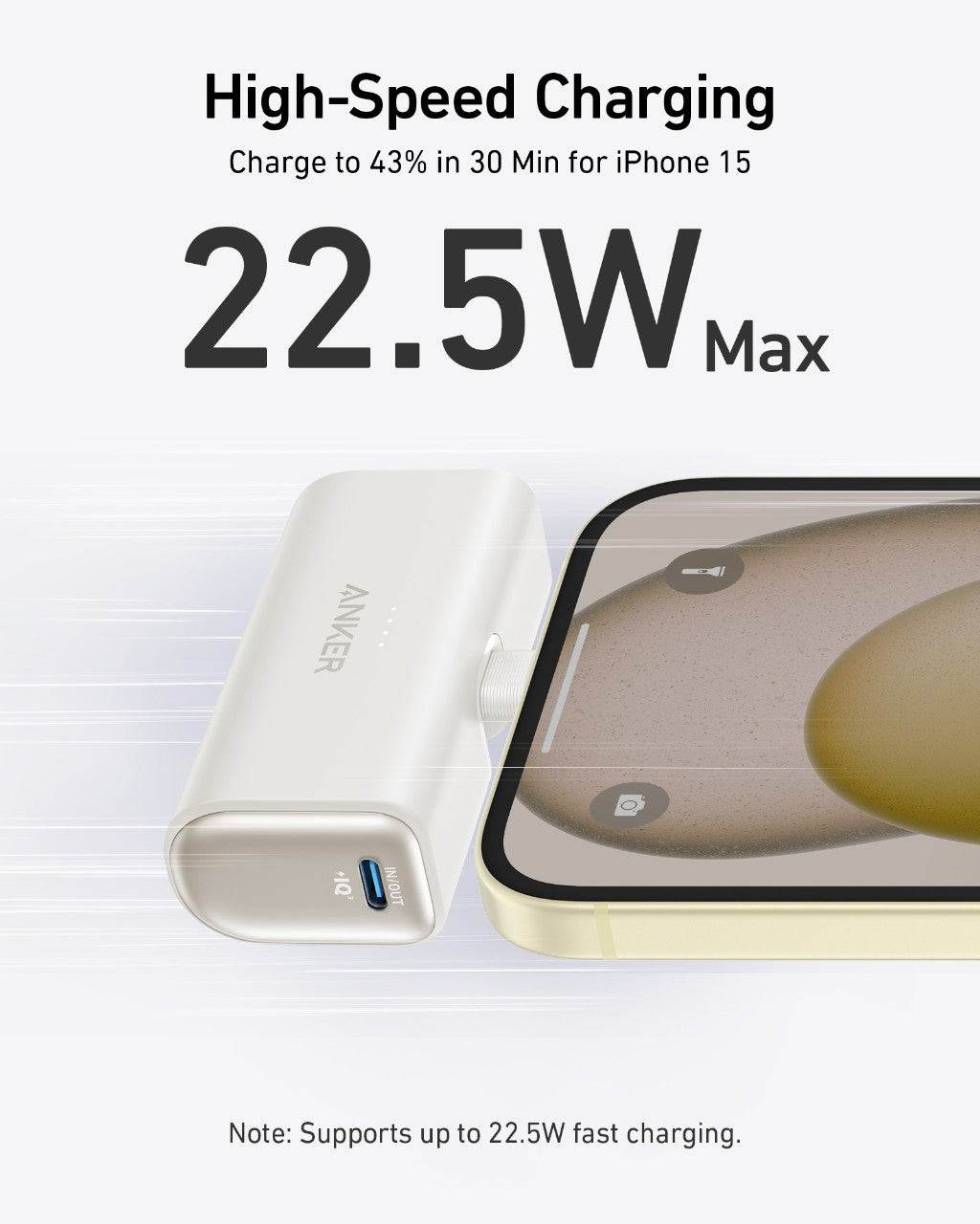 Compact power bank with two USB-C ports and foldable connector for high-speed 22.5W charging