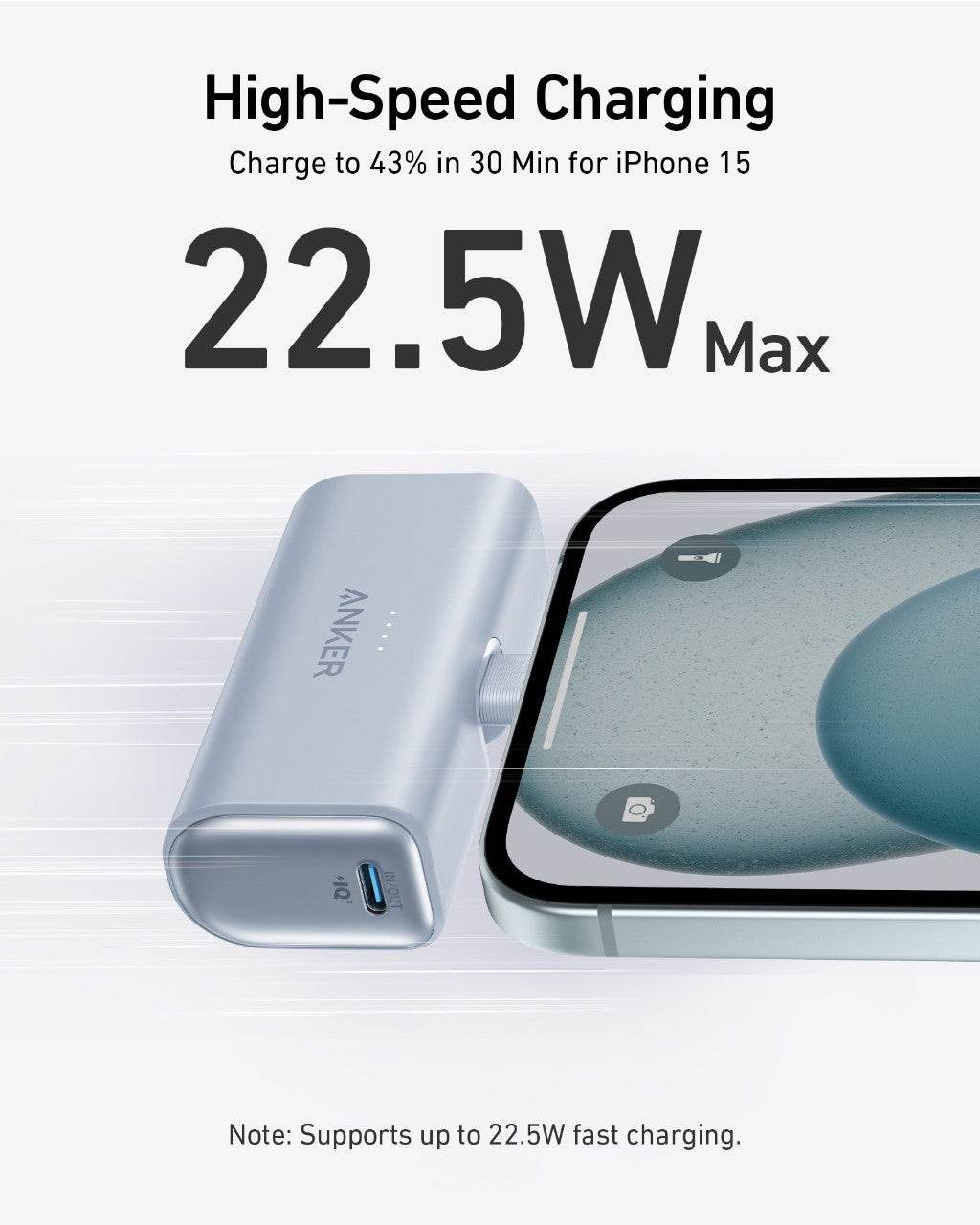 Compact power bank with two USB-C ports and foldable connector for high-speed 22.5W charging