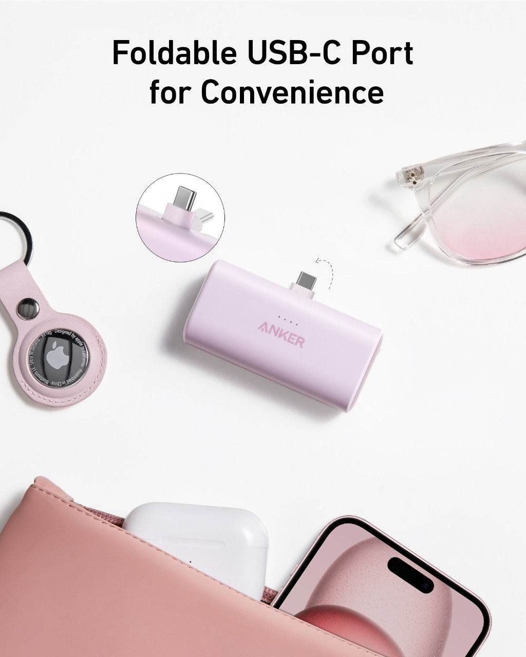 Anker power bank with two USB-C ports and foldable USB-C connector for high-speed 22.5W charging