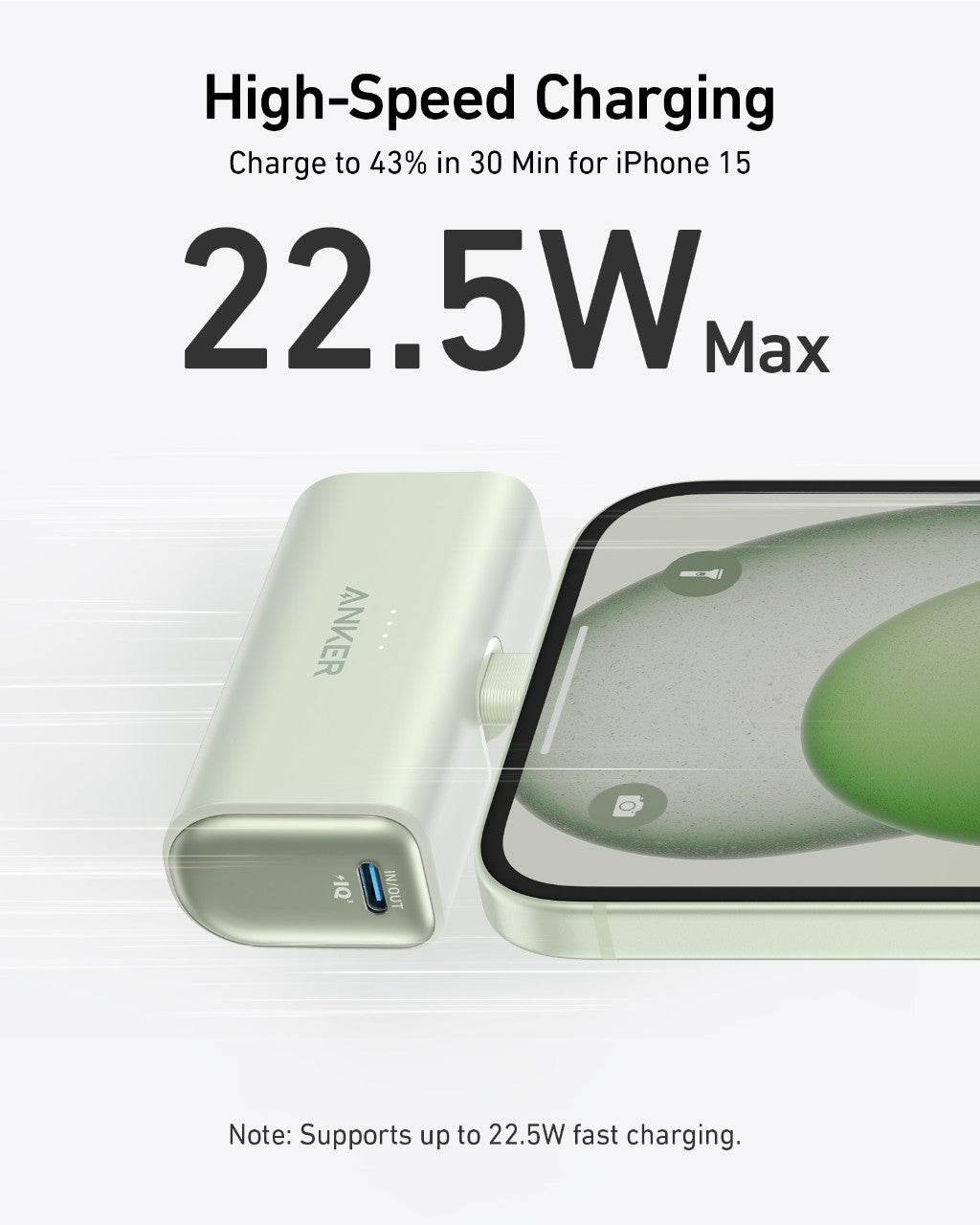 Anker power bank with foldable USB-C connector and two-port high-speed charging 22.5W output