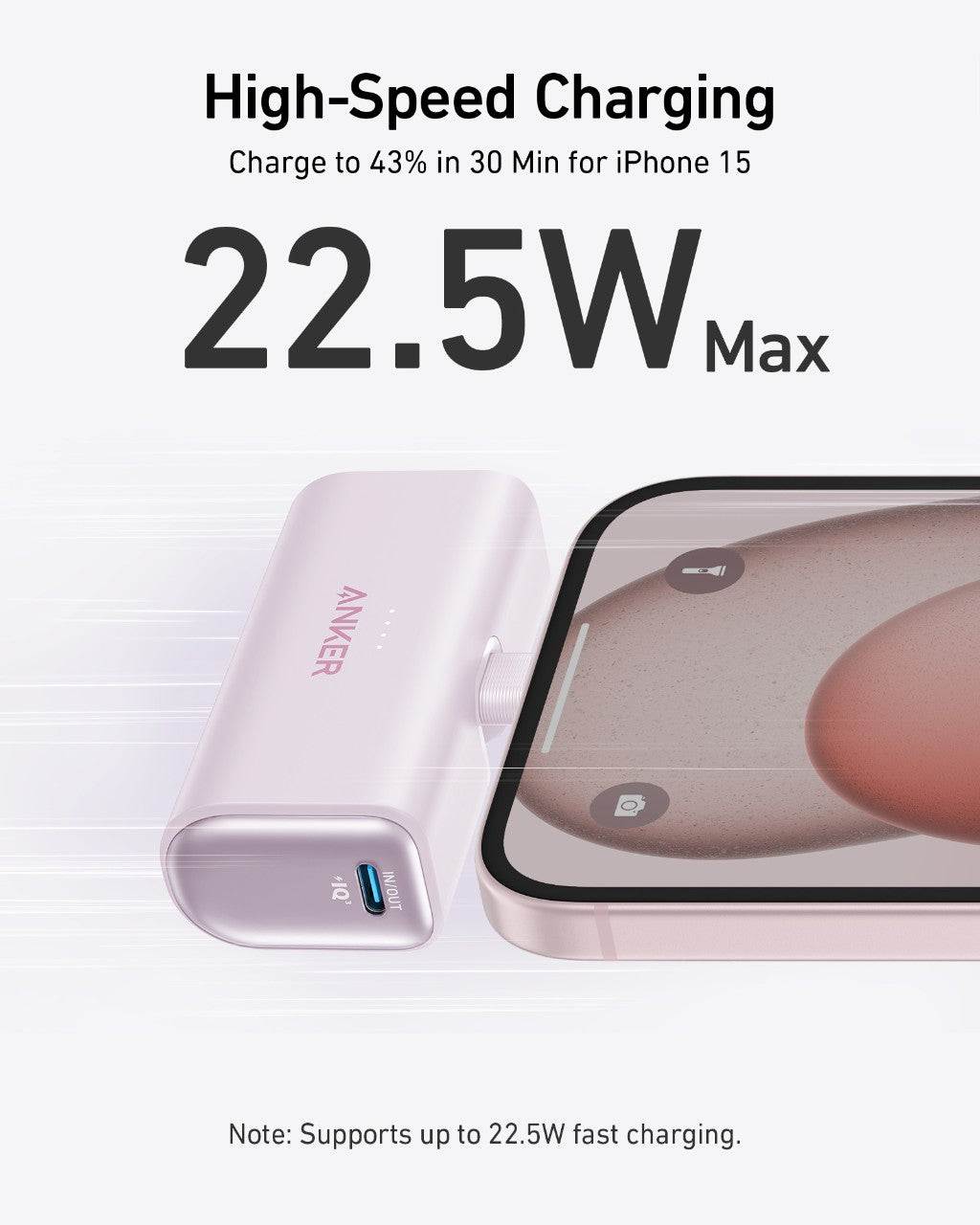 Compact power bank with foldable USB-C connector and dual high-speed USB-C ports for 22.5W charging