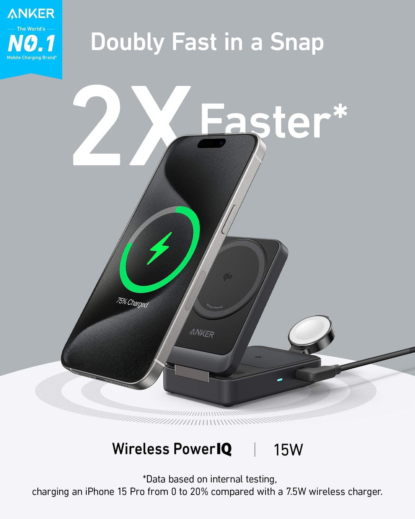 Foldable 3-in-1 wireless charging station with 15W ultra-fast Qi2 certified charging for iPhone, AirPods, and Apple Watch
