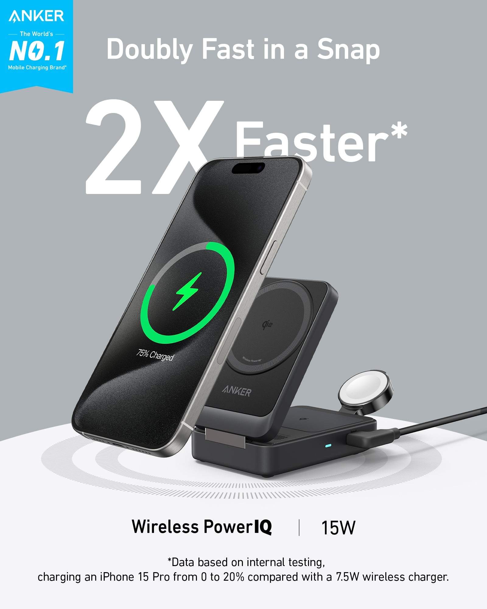 Foldable 3-in-1 wireless charging station with 15W ultra-fast Qi2 certified charging for iPhone, AirPods, and Apple Watch