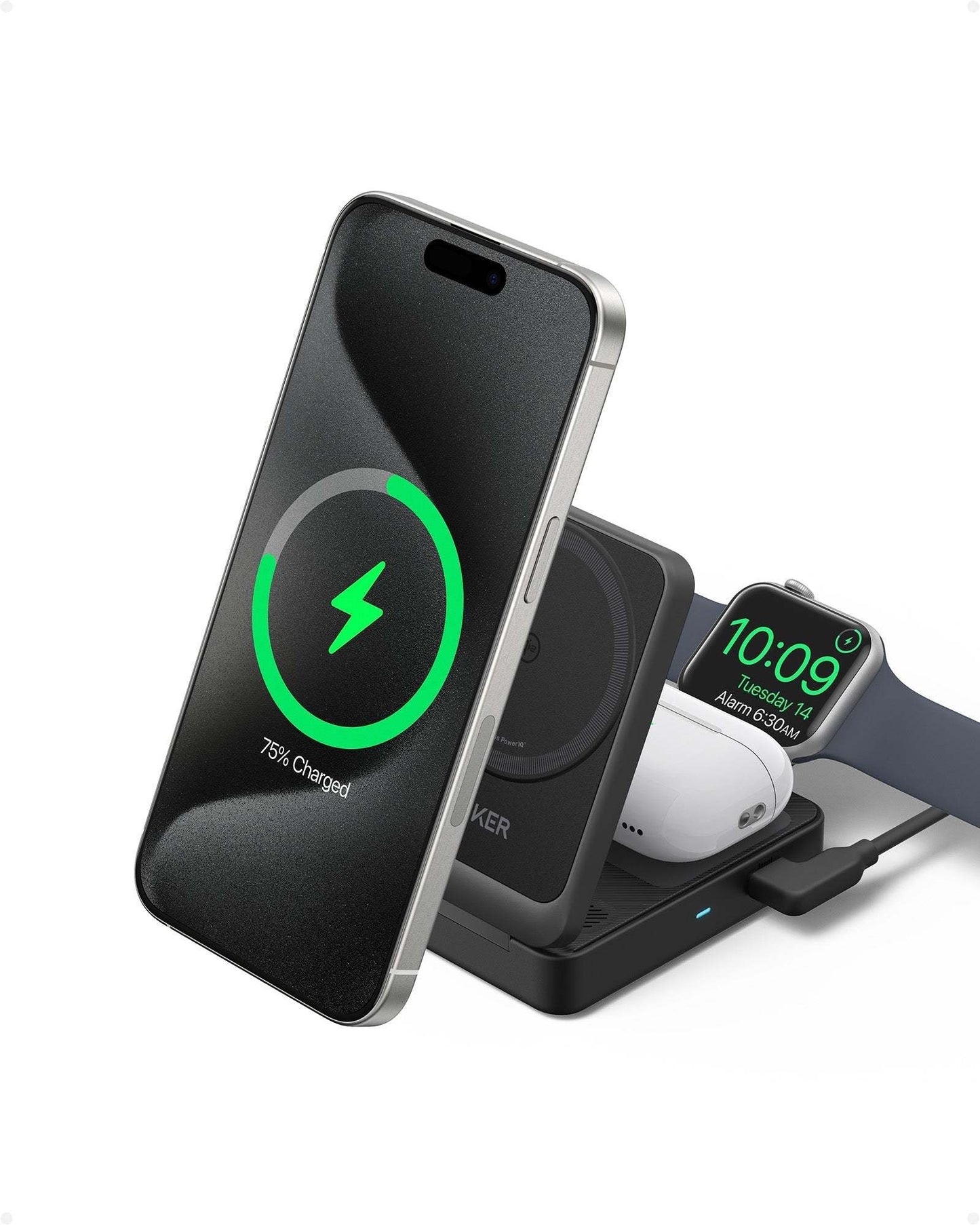 Foldable 3-in-1 wireless charging station with 15W fast charging for iPhone, AirPods, and Apple Watch